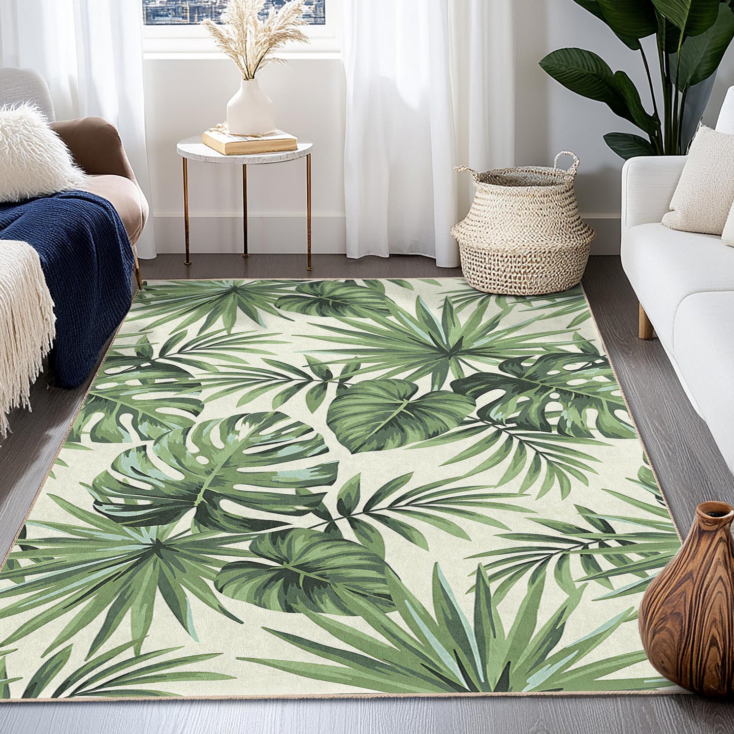 Tropical Leaf Pattern Area Rug, Rectangular Indoor Carpet, Living Room Decor, Plant Lover's Rug, Nature Inspired Home Decor