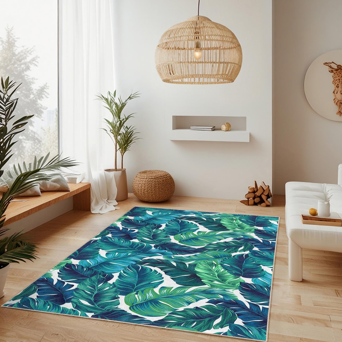 Tropical Leaf Pattern Rectangle Area Rug, Green Leaf Design Carpet, Living Room Rug, Bohemian Decor, Nature Inspired Flooring