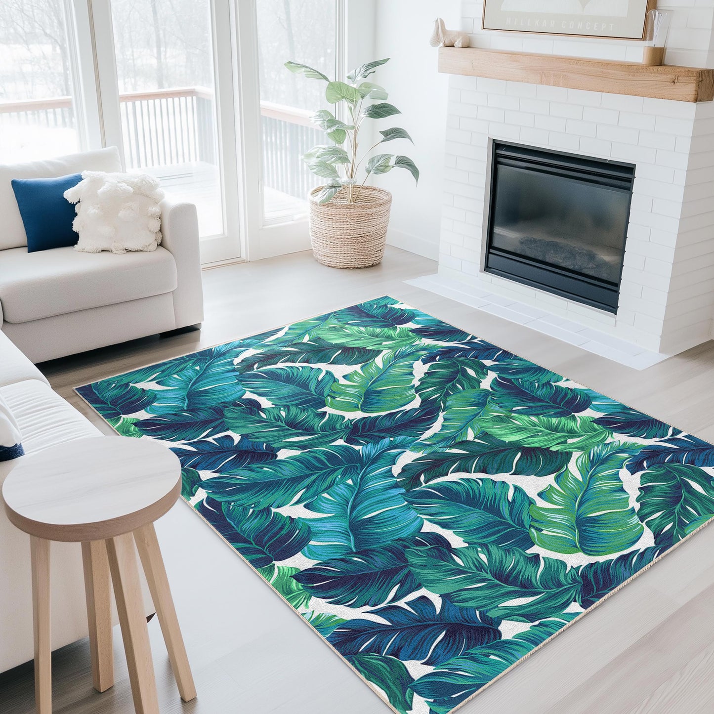 Tropical Leaf Pattern Rectangle Area Rug, Green Leaf Design Carpet, Living Room Rug, Bohemian Decor, Nature Inspired Flooring