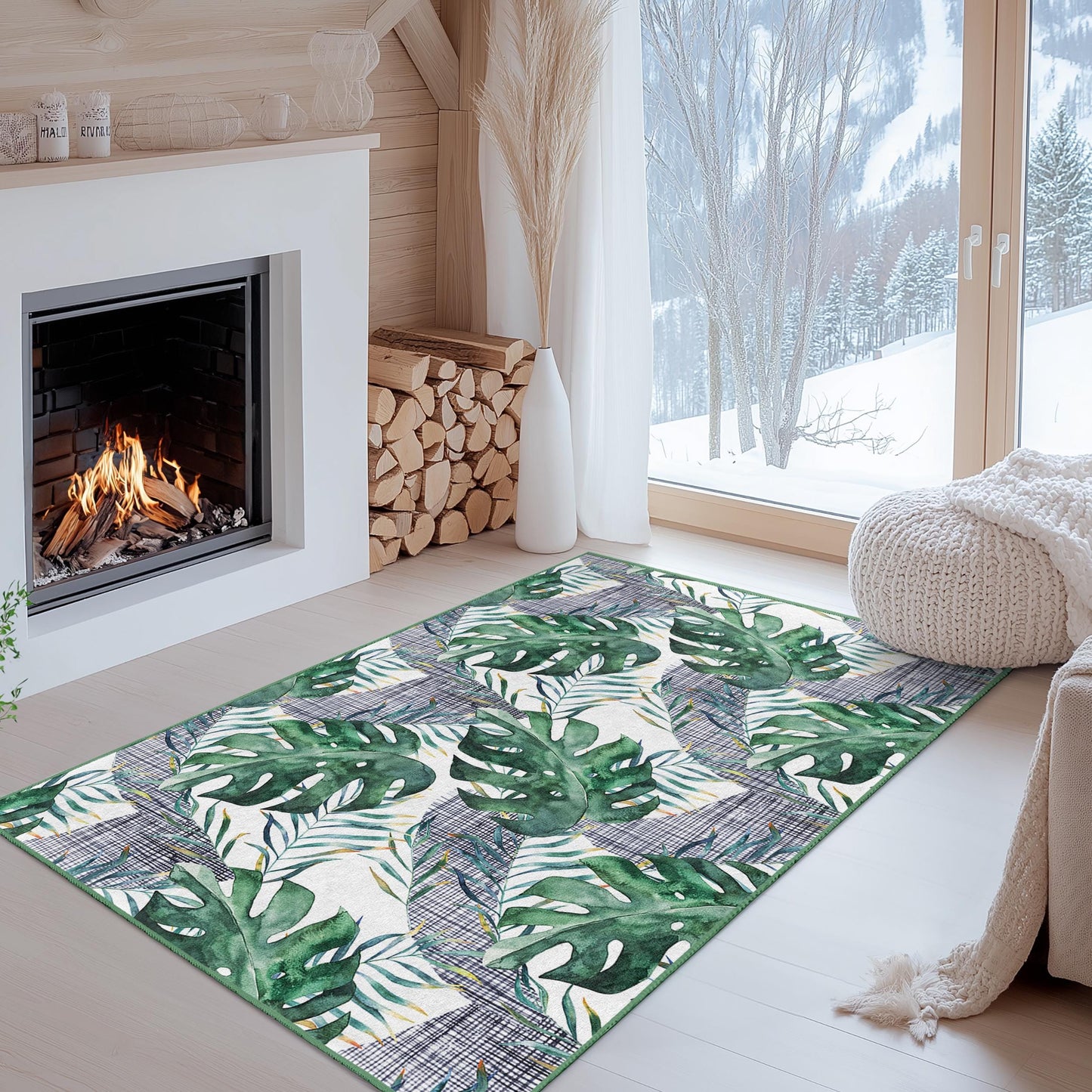 Tropical Leaf Rectangular Area Rug, Green Monstera Plant Rug, Living Room Carpet, Modern Home Decor, Nature Inspired Rug