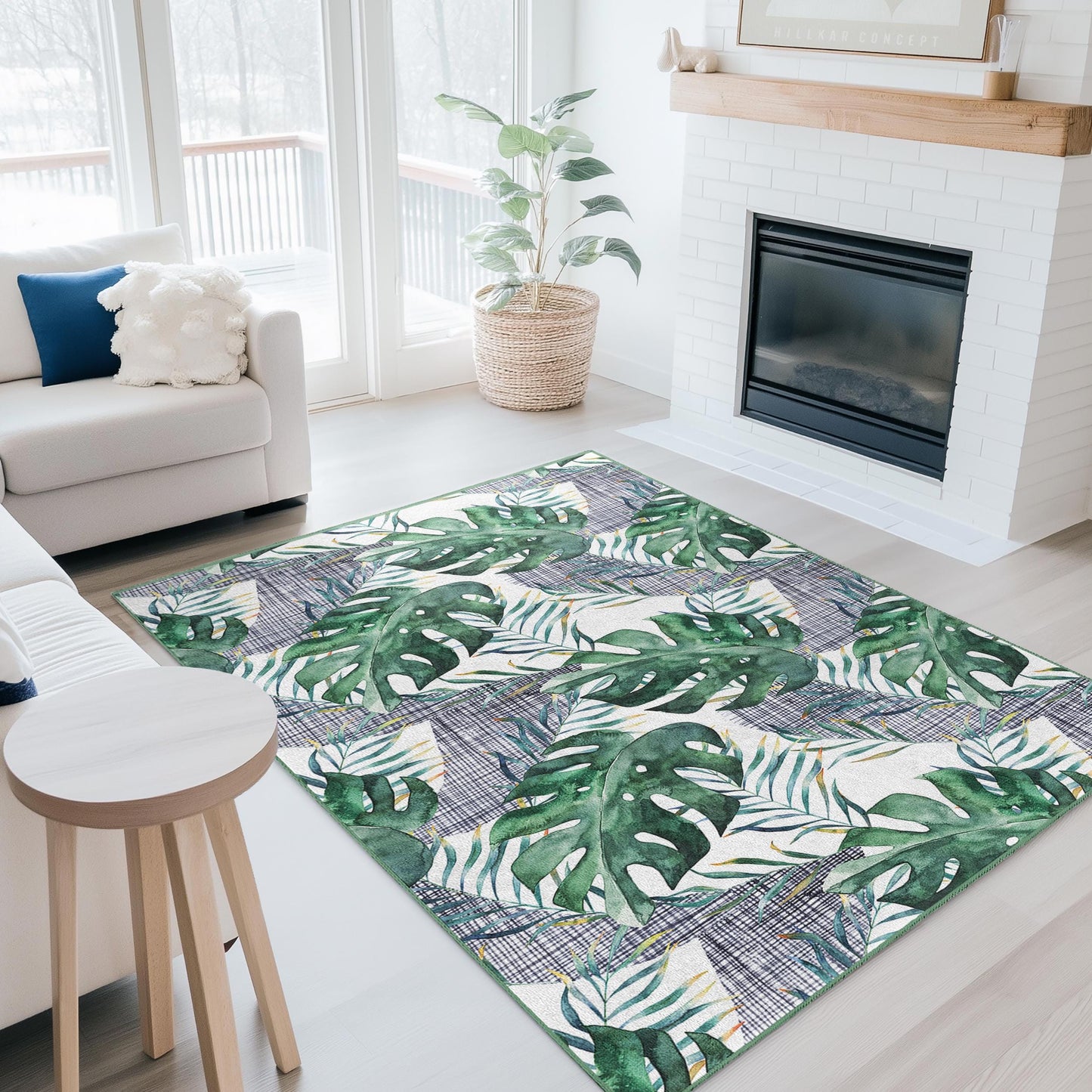 Tropical Leaf Rectangular Area Rug, Green Monstera Plant Rug, Living Room Carpet, Modern Home Decor, Nature Inspired Rug