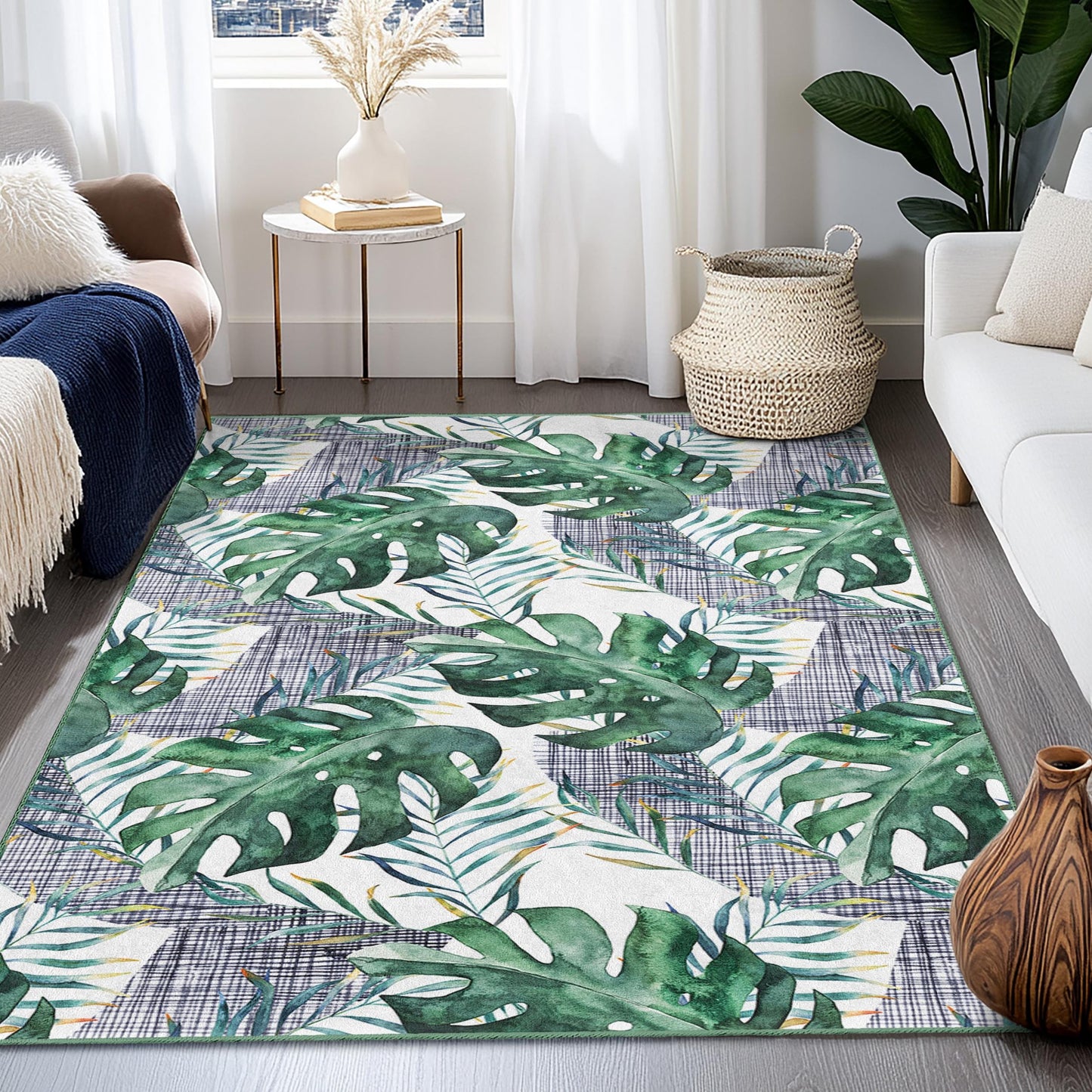 Tropical Leaf Rectangular Area Rug, Green Monstera Plant Rug, Living Room Carpet, Modern Home Decor, Nature Inspired Rug