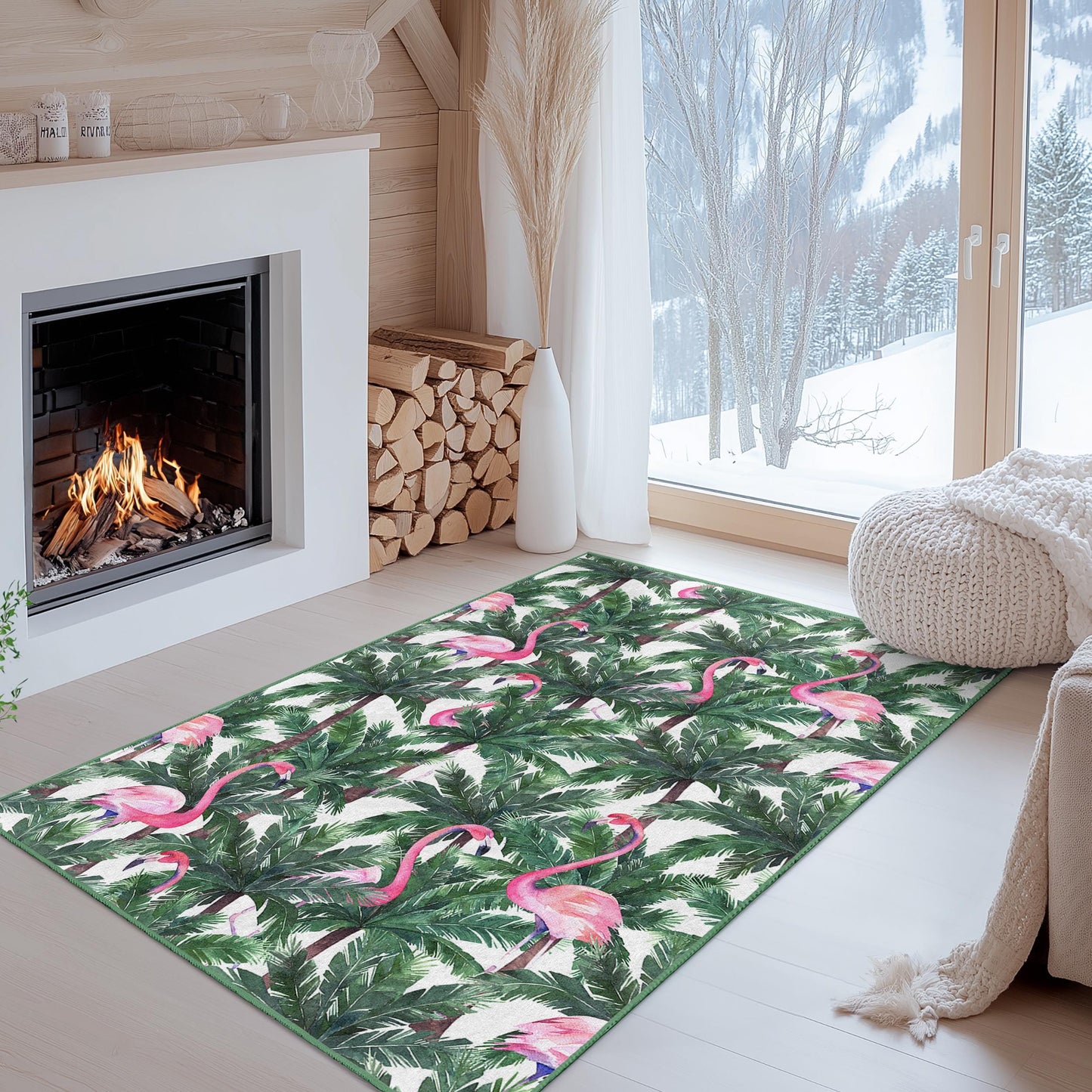 Tropical Flamingo Rectangular Area Rug, Palm Leaf Pattern Rug, Indoor Carpet, Living Room Decor, Bohemian Home Accessory