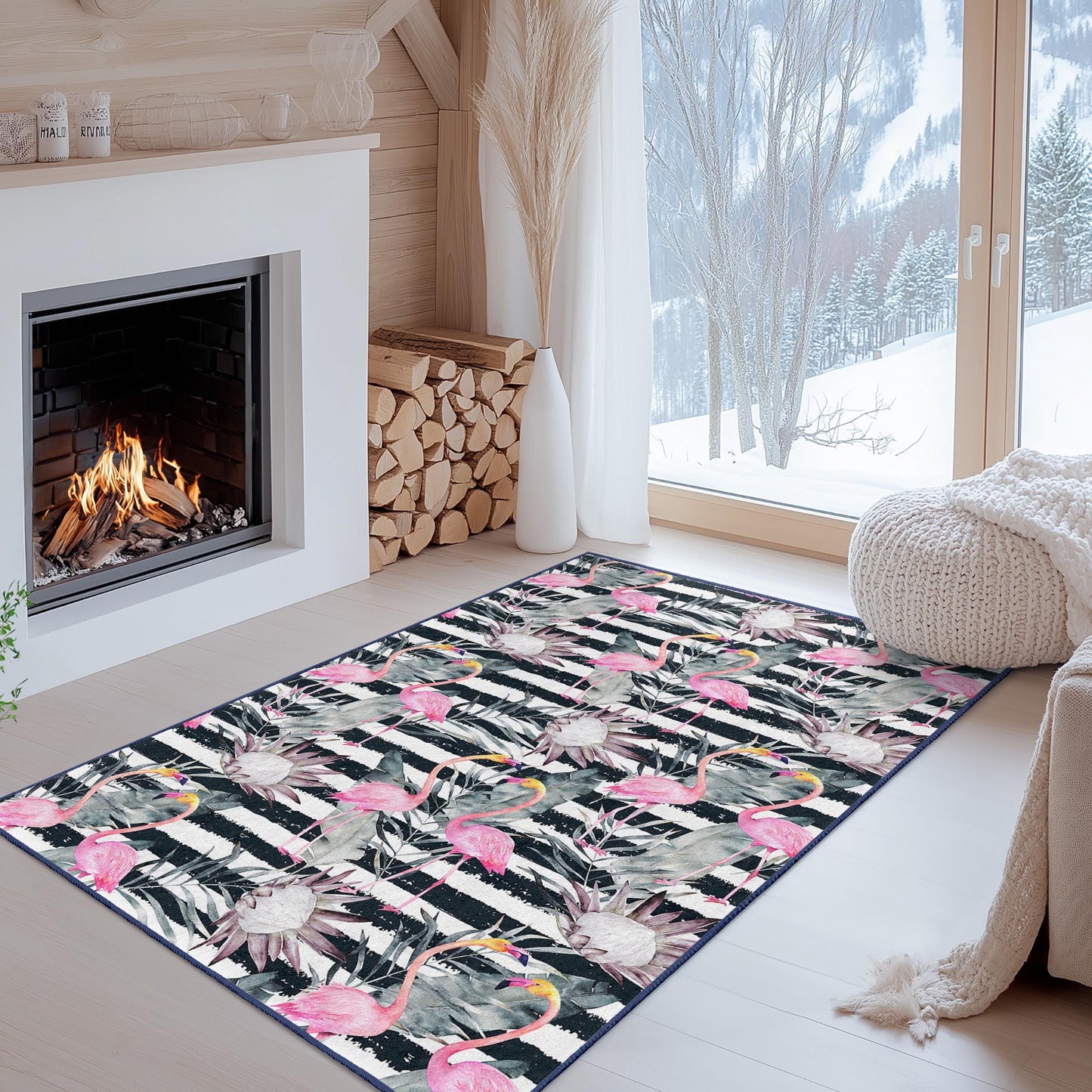 Tropical Flamingo Rectangular Area Rug, Floral Striped Carpet, Modern Living Room Rug, Beach House Decor, Kids Room Carpet