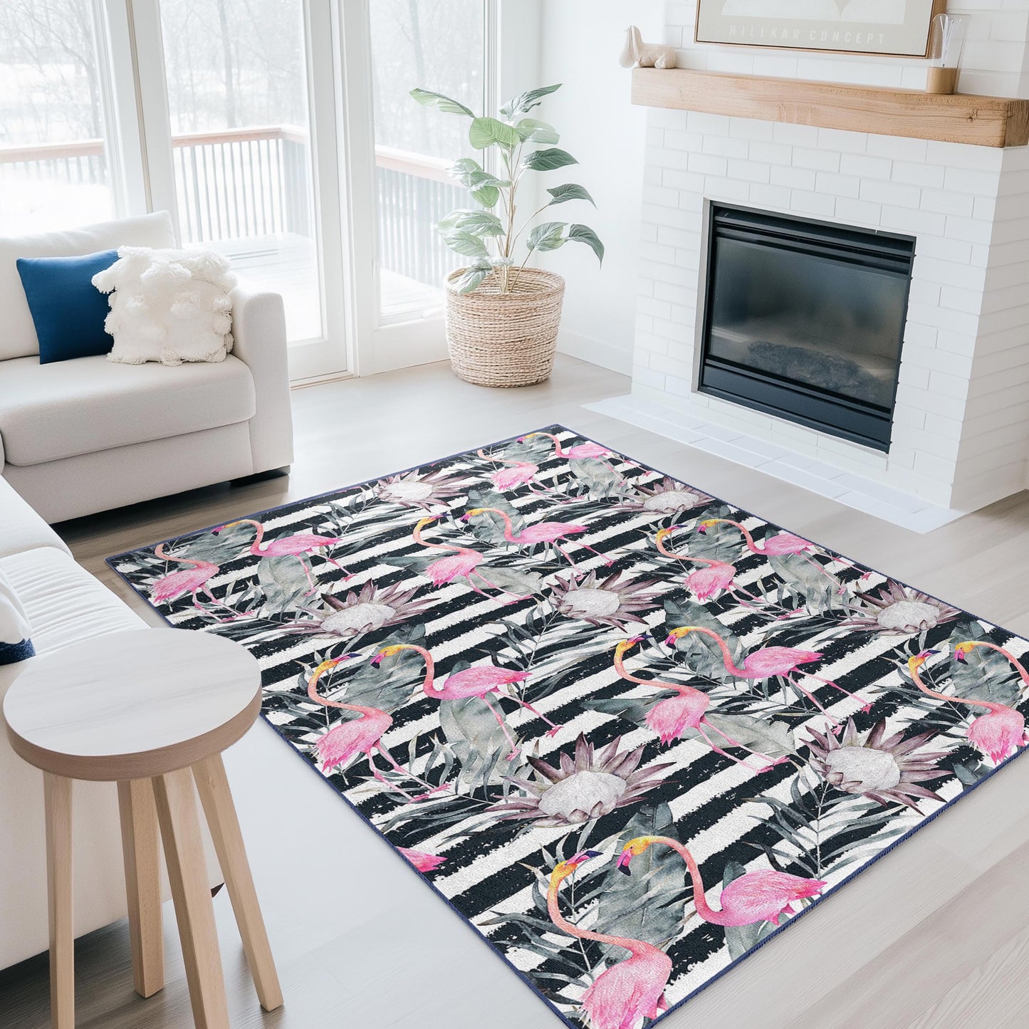 Tropical Flamingo Rectangular Area Rug, Floral Striped Carpet, Modern Living Room Rug, Beach House Decor, Kids Room Carpet