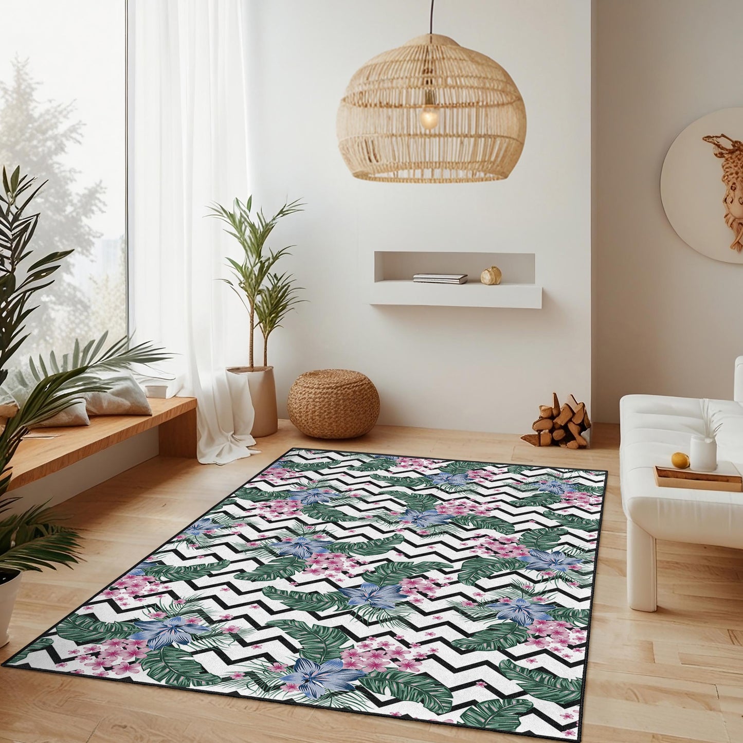 Cheerful Floral Patterned Rectangular Area Rug, Black and White Chevron Design, Living Room Carpet, Home Decor, Boho Style Rug