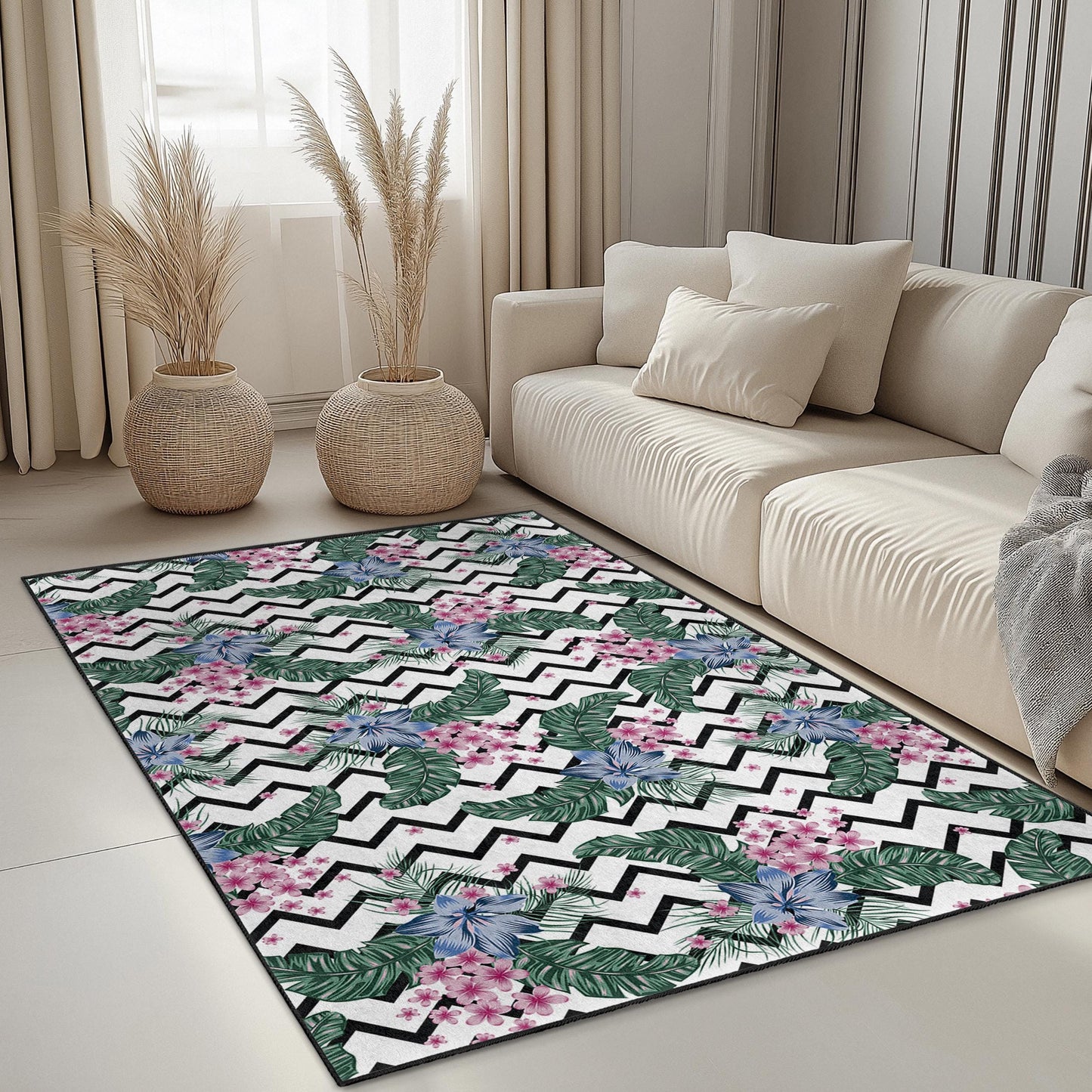 Cheerful Floral Patterned Rectangular Area Rug, Black and White Chevron Design, Living Room Carpet, Home Decor, Boho Style Rug