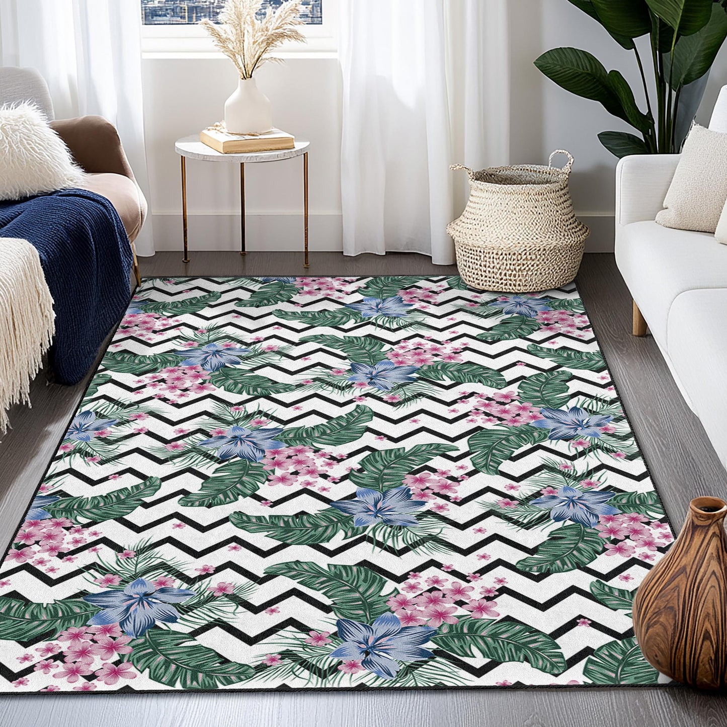 Cheerful Floral Patterned Rectangular Area Rug, Black and White Chevron Design, Living Room Carpet, Home Decor, Boho Style Rug