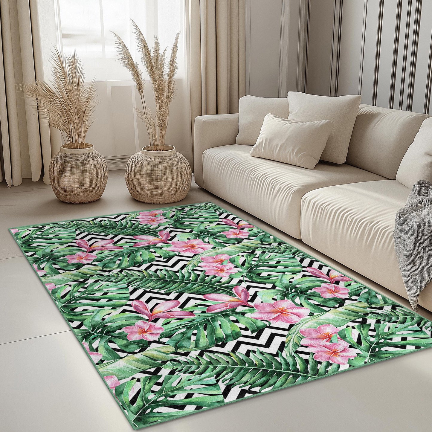 Tropical Floral Rectangular Area Rug, Botanical Leaf Design Rug, Living Room Carpet, Indoor Decor, Nature Inspired Home Rug