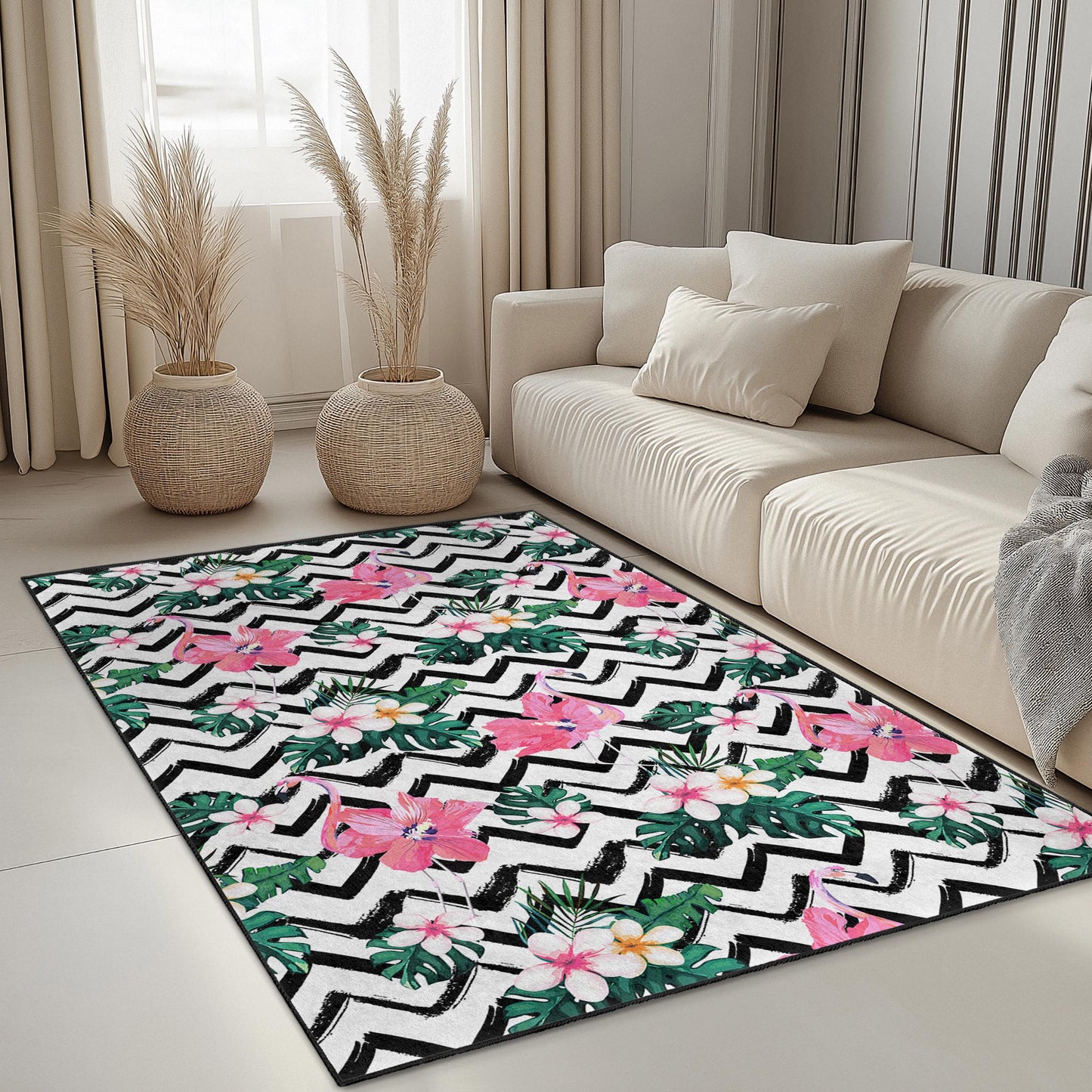 Tropical Flamingo Area Rug, Floral Pattern Carpet, Rectangular Living Room Rug, Chic Home Decor, Bohemian Style Rug