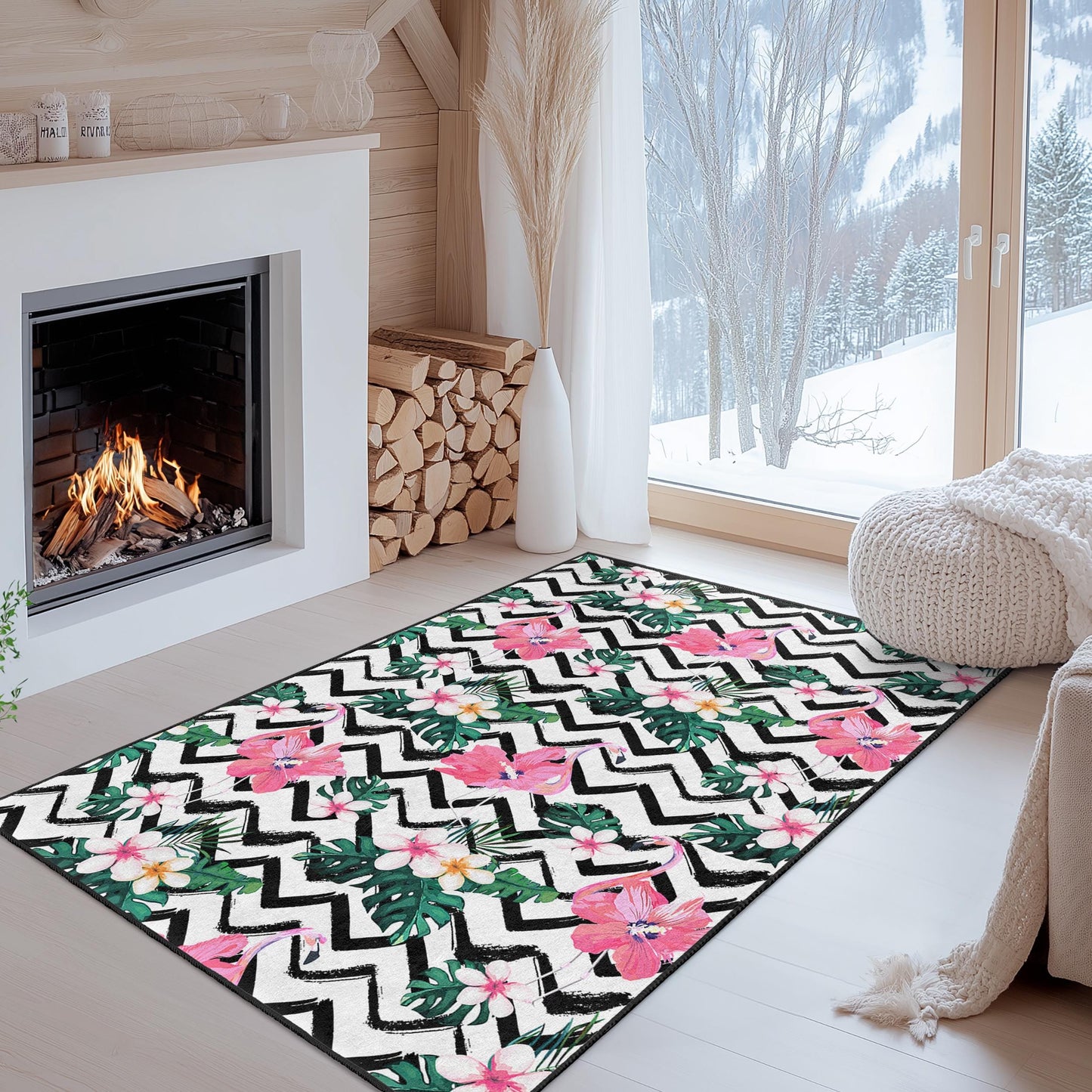 Tropical Flamingo Area Rug, Floral Pattern Carpet, Rectangular Living Room Rug, Chic Home Decor, Bohemian Style Rug
