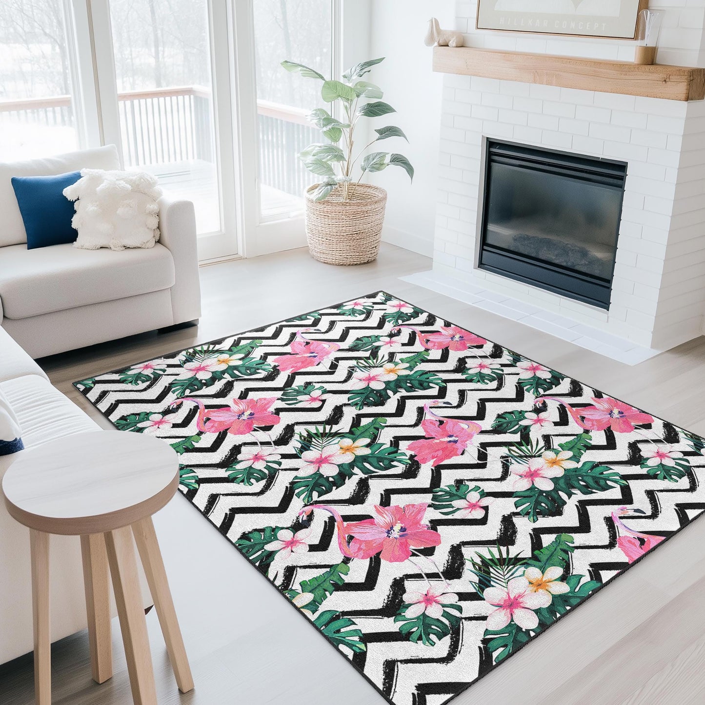 Tropical Flamingo Area Rug, Floral Pattern Carpet, Rectangular Living Room Rug, Chic Home Decor, Bohemian Style Rug