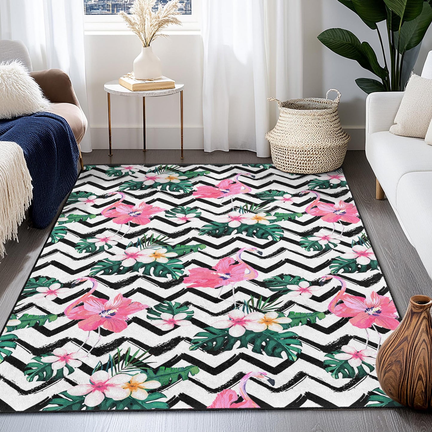 Tropical Flamingo Area Rug, Floral Pattern Carpet, Rectangular Living Room Rug, Chic Home Decor, Bohemian Style Rug