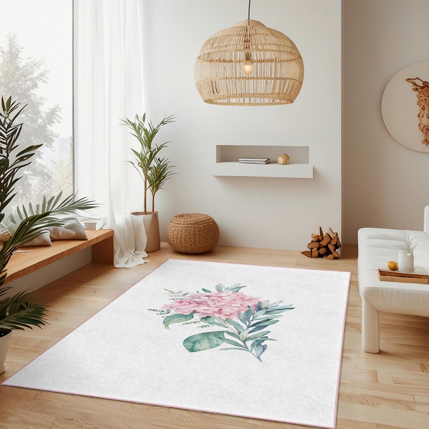 Soft Floral Rectangular Area Rug, Pink Flower Carpet for Living Room, Home Decor, Cozy Bedroom Rug, Elegant Floral Design