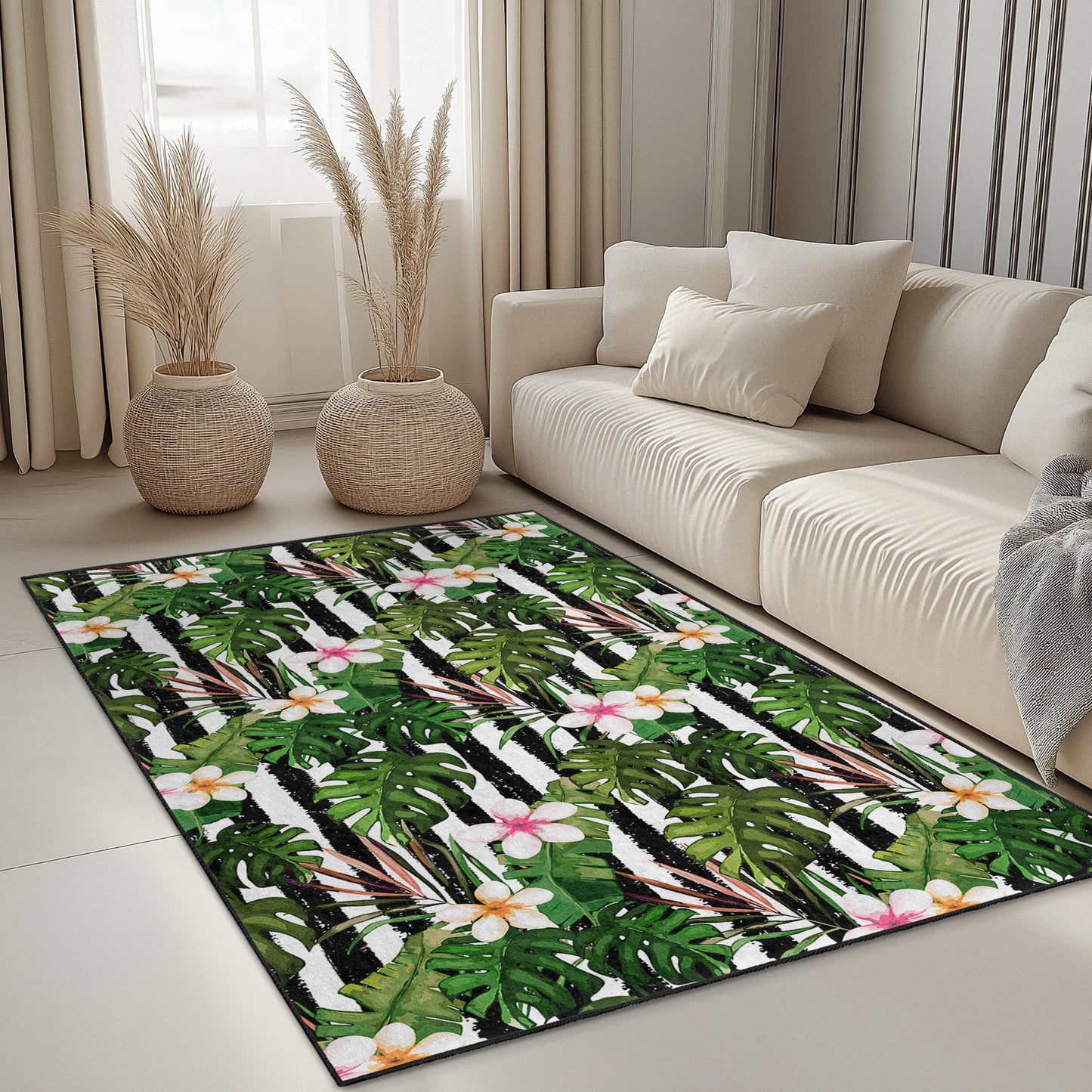Tropical Leaves Area Rug, Floral Pattern Rectangle Rug, Living Room Carpet, Modern Home Decor, Indoor Outdoor Rug, Bohemian Style