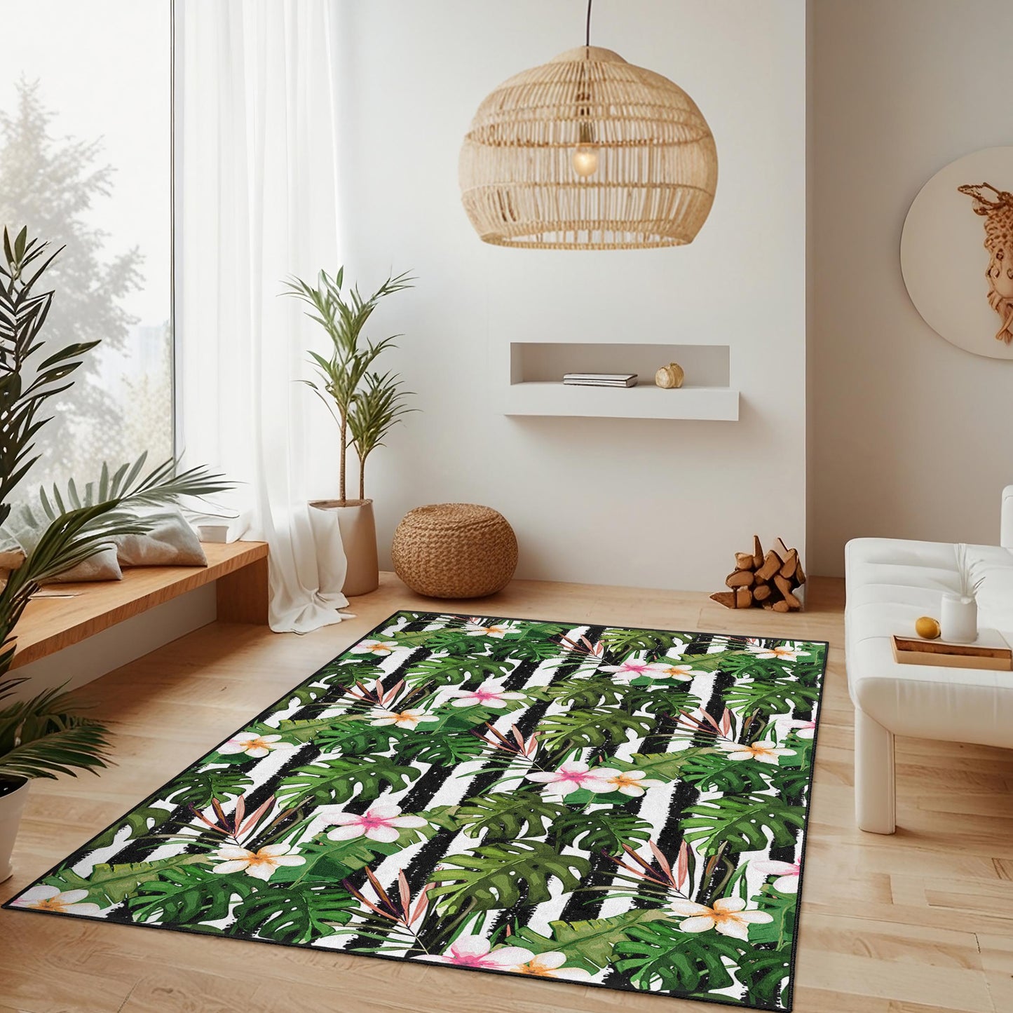 Tropical Leaves Area Rug, Floral Pattern Rectangle Rug, Living Room Carpet, Modern Home Decor, Indoor Outdoor Rug, Bohemian Style
