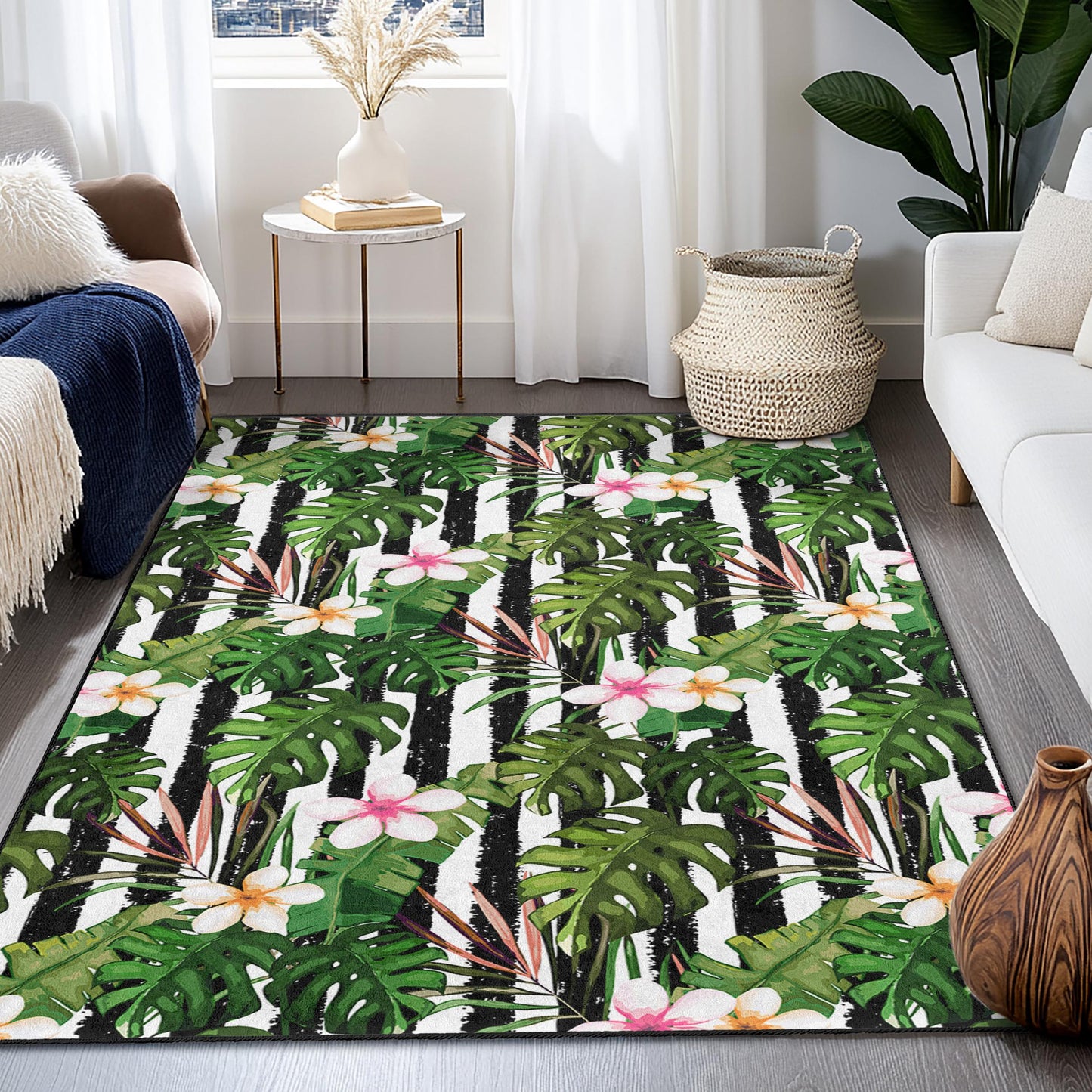 Tropical Leaves Area Rug, Floral Pattern Rectangle Rug, Living Room Carpet, Modern Home Decor, Indoor Outdoor Rug, Bohemian Style