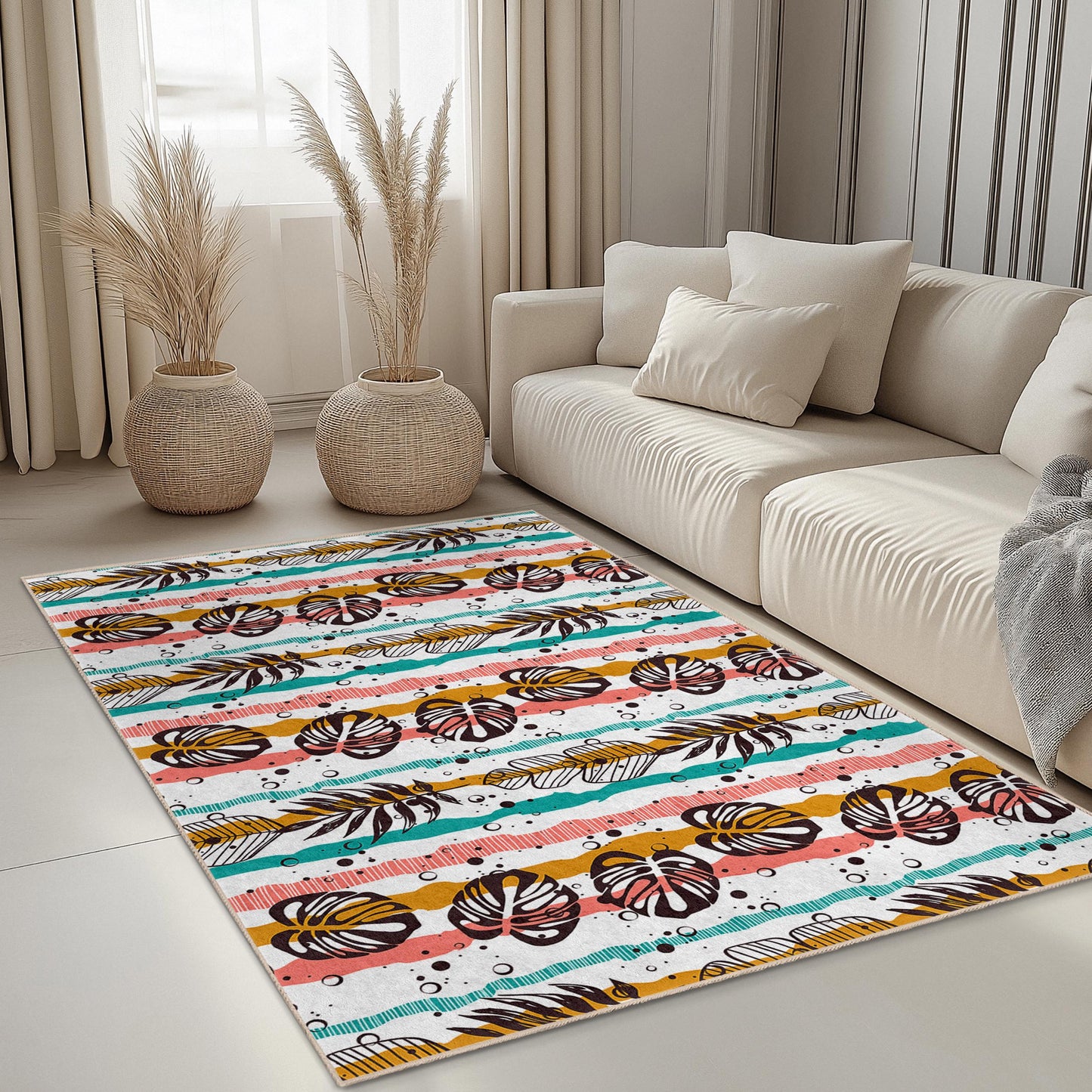 Tropical Leaf Pattern Rectangle Area Rug, Boho Striped Carpet, Living Room Decor, Modern Home Rug, Indoor Floor Mat