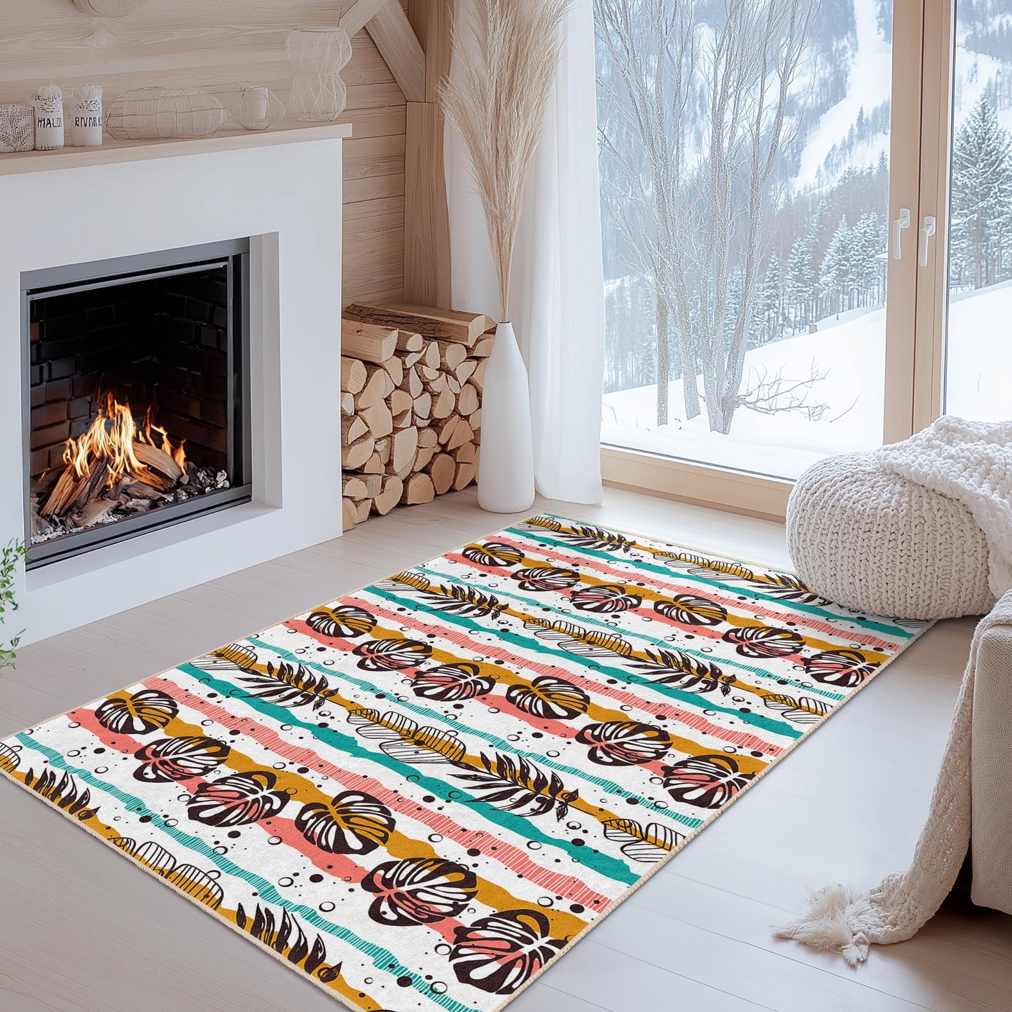Tropical Leaf Pattern Rectangle Area Rug, Boho Striped Carpet, Living Room Decor, Modern Home Rug, Indoor Floor Mat