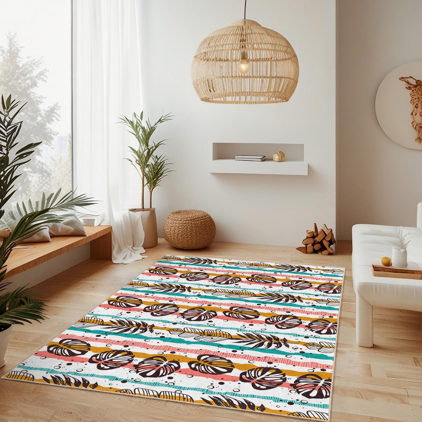 Tropical Leaf Pattern Rectangle Area Rug, Boho Striped Carpet, Living Room Decor, Modern Home Rug, Indoor Floor Mat