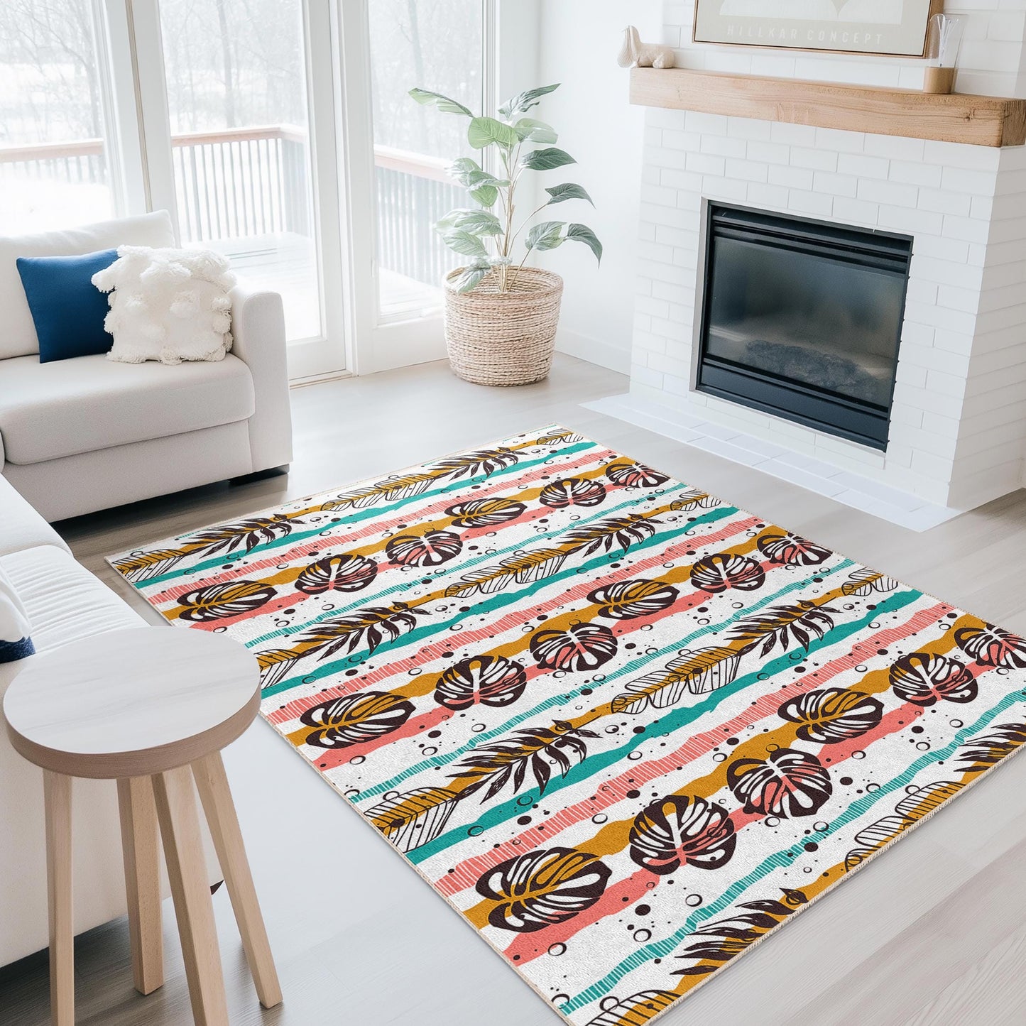 Tropical Leaf Pattern Rectangle Area Rug, Boho Striped Carpet, Living Room Decor, Modern Home Rug, Indoor Floor Mat