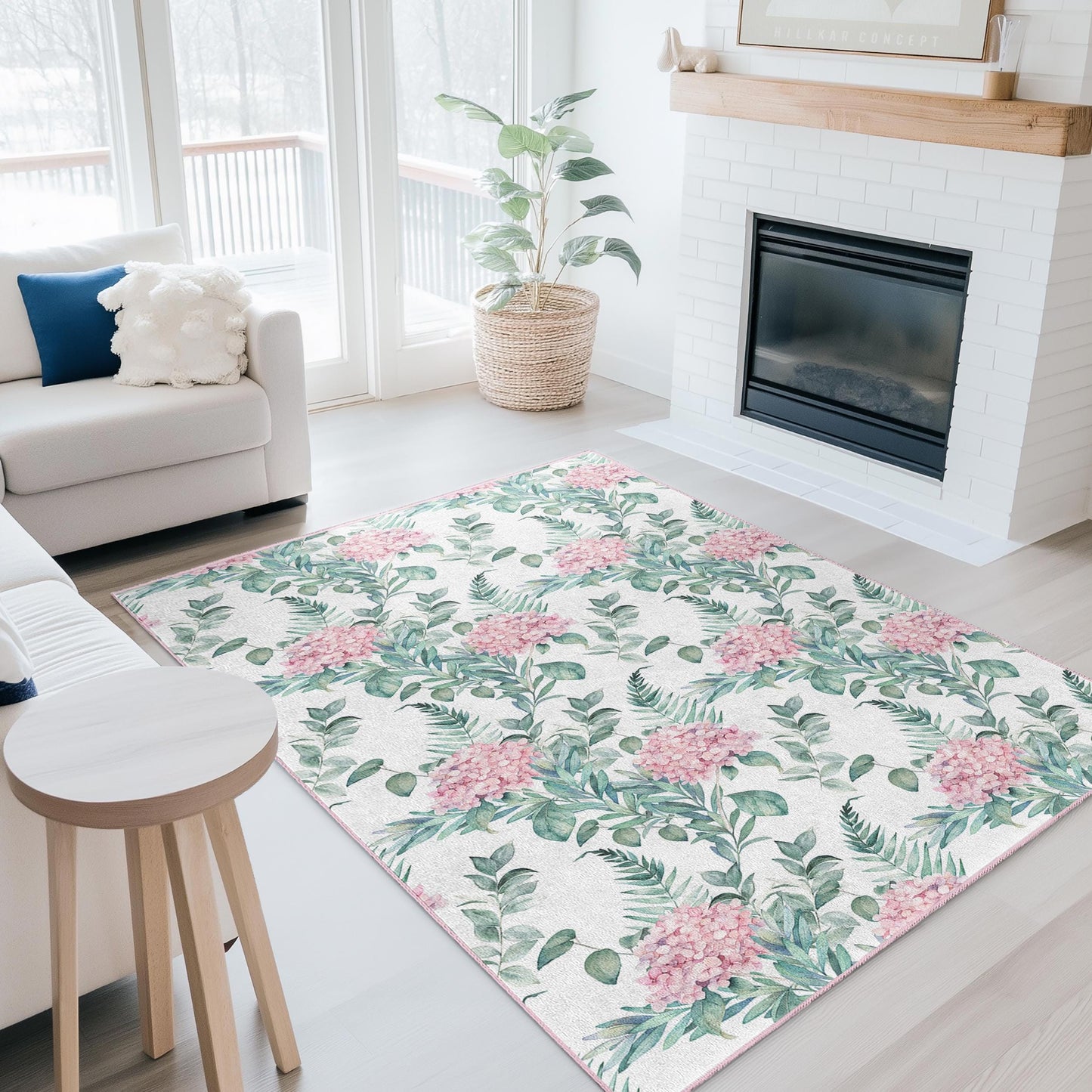 Floral Pattern Rectangular Area Rug, Pink Hydrangea Living Room Carpet, Botanical Decor for Home, Soft and Cozy Floor Mat