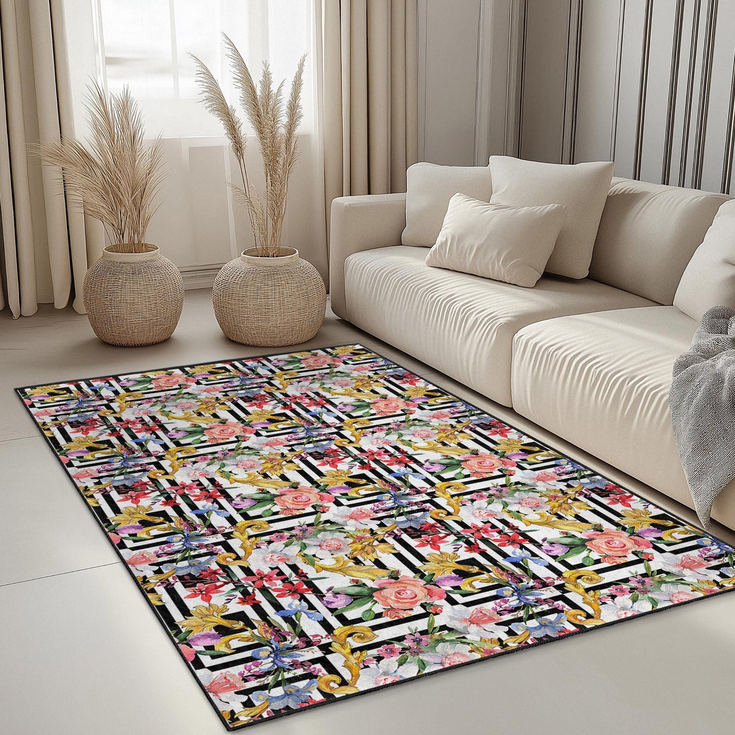 Floral Stripe Pattern Rectangle Area Rug, Elegant Modern Carpet for Living Room, Chic Home Decor, Indoor Floor Mat