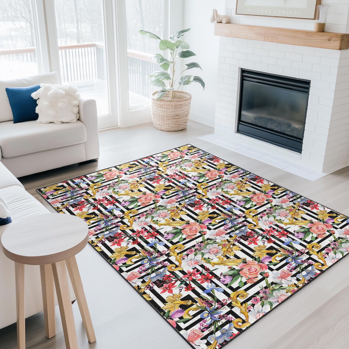 Floral Stripe Pattern Rectangle Area Rug, Elegant Modern Carpet for Living Room, Chic Home Decor, Indoor Floor Mat