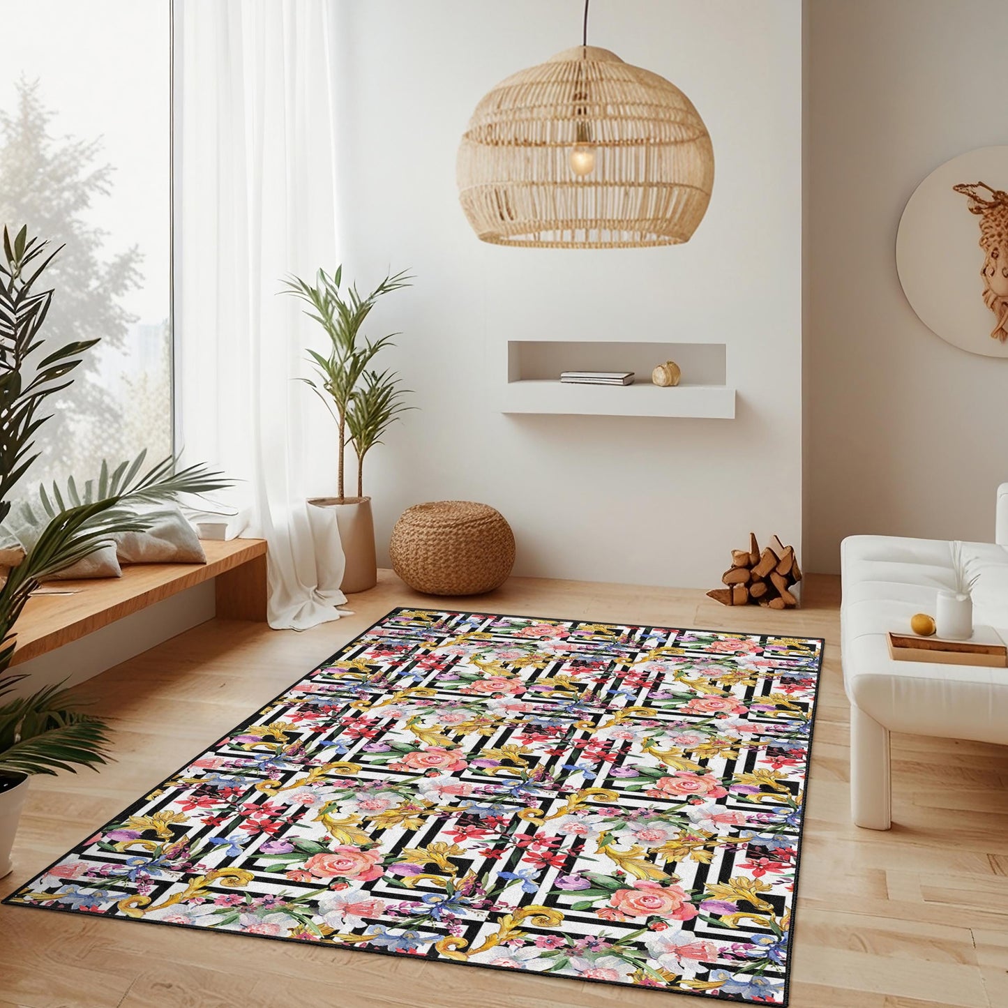 Floral Stripe Pattern Rectangle Area Rug, Elegant Modern Carpet for Living Room, Chic Home Decor, Indoor Floor Mat