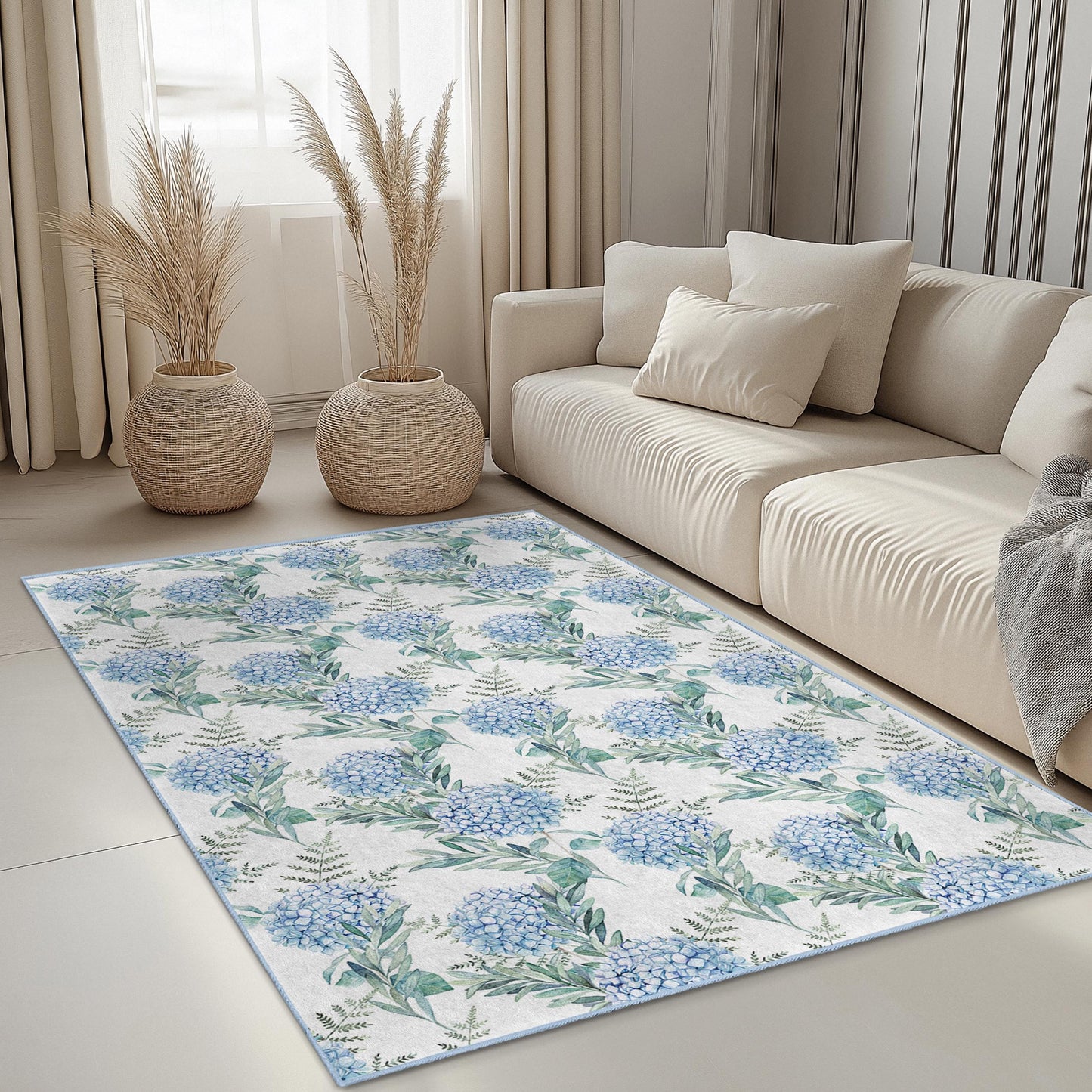 Floral Pattern Rectangle Area Rug, Blue Hydrangea Design Rug, Living Room Carpet, Soft Floral Mat, Home Decor, Indoor Rug