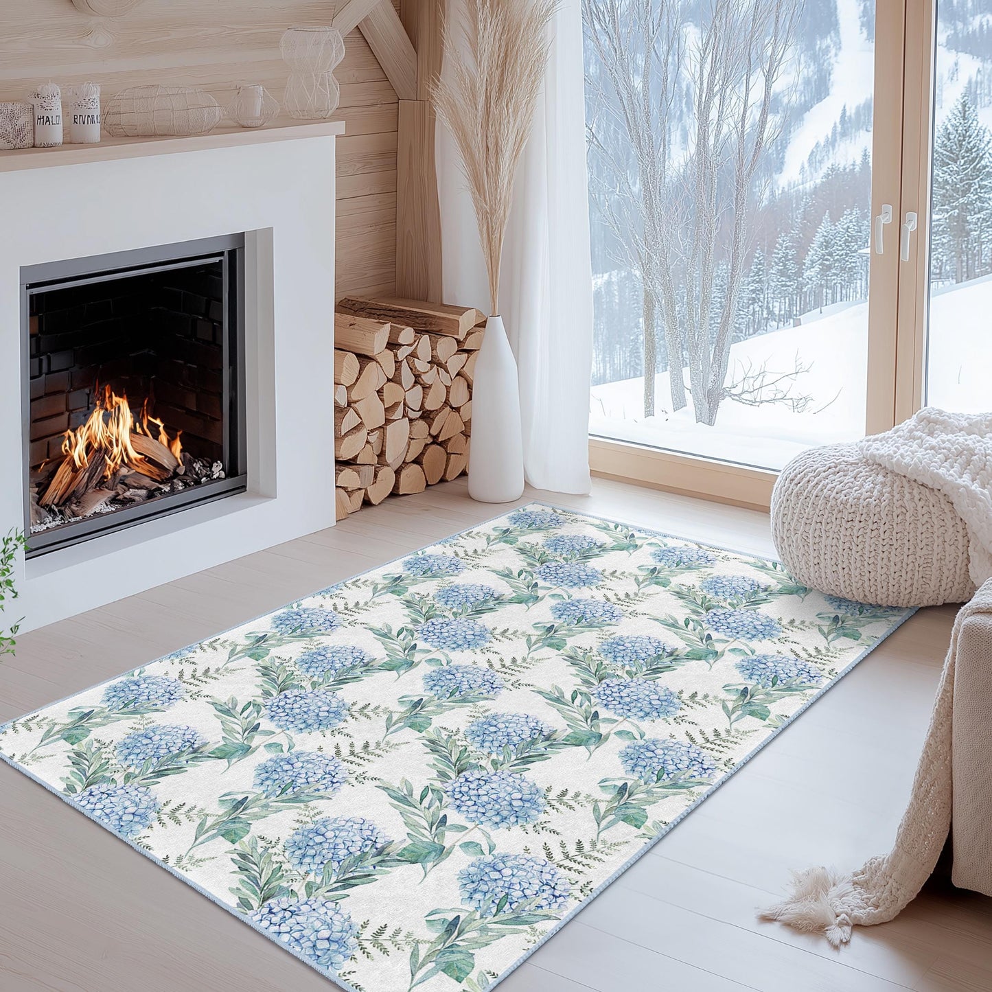 Floral Pattern Rectangle Area Rug, Blue Hydrangea Design Rug, Living Room Carpet, Soft Floral Mat, Home Decor, Indoor Rug