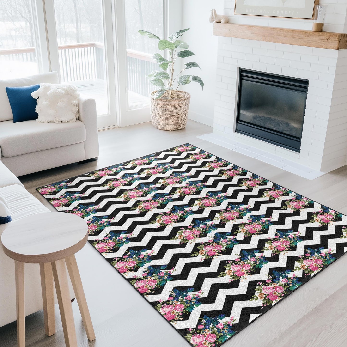 Chevron Floral Pattern Rectangular Rug, Modern Black and White Area Rug, Stylish Living Room Carpet, Chic Home Decor Mat
