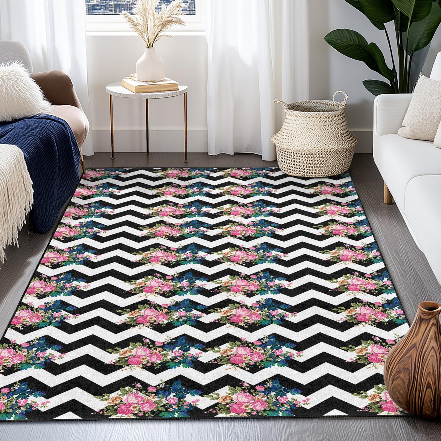 Chevron Floral Pattern Rectangular Rug, Modern Black and White Area Rug, Stylish Living Room Carpet, Chic Home Decor Mat