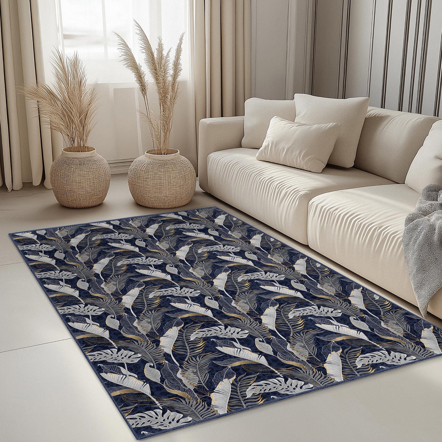 Elegant Leaf Pattern Rectangular Area Rug, Floral Design Living Room Carpet, Soft Home Decor Rug, Modern Aesthetic Rug