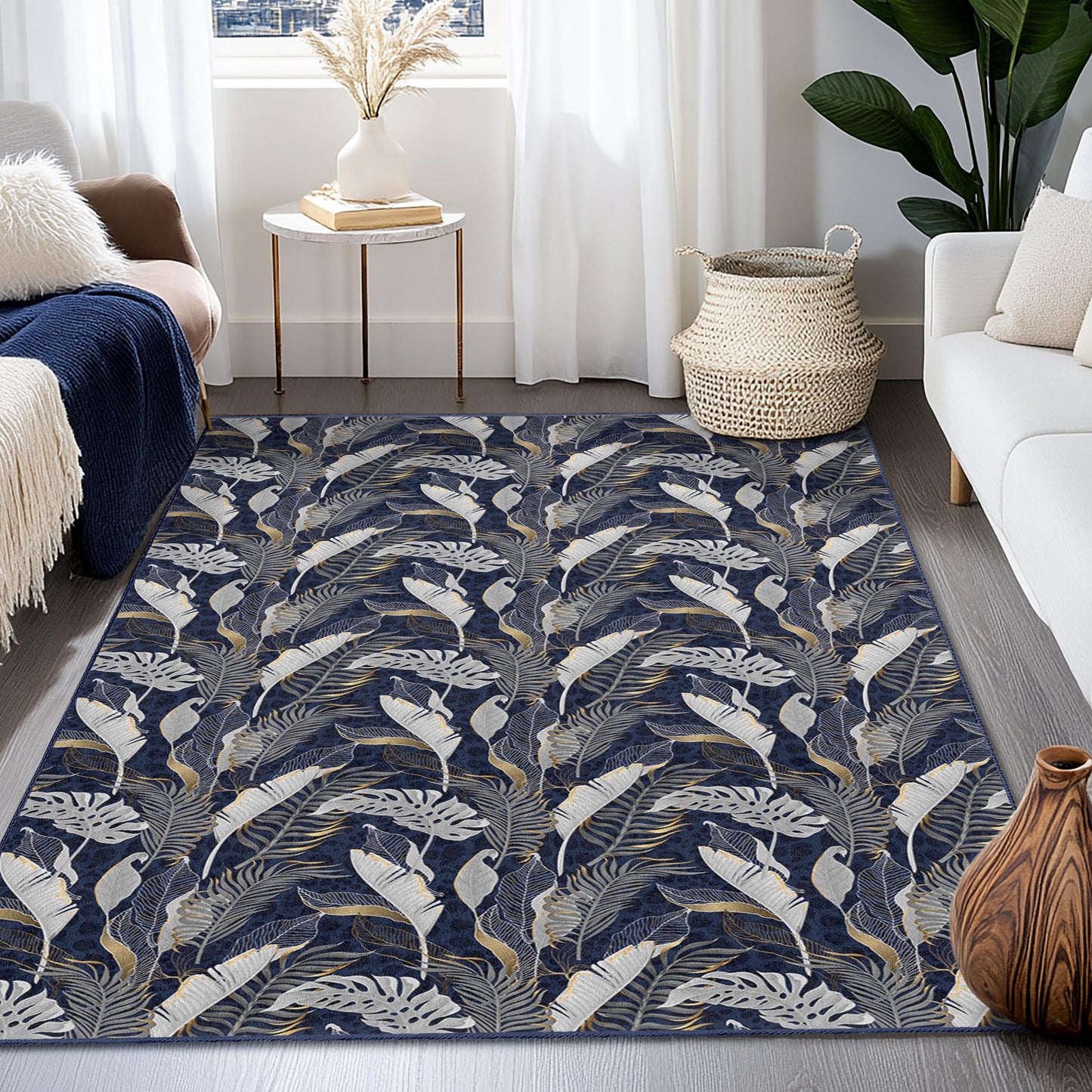 Elegant Leaf Pattern Rectangular Area Rug, Floral Design Living Room Carpet, Soft Home Decor Rug, Modern Aesthetic Rug