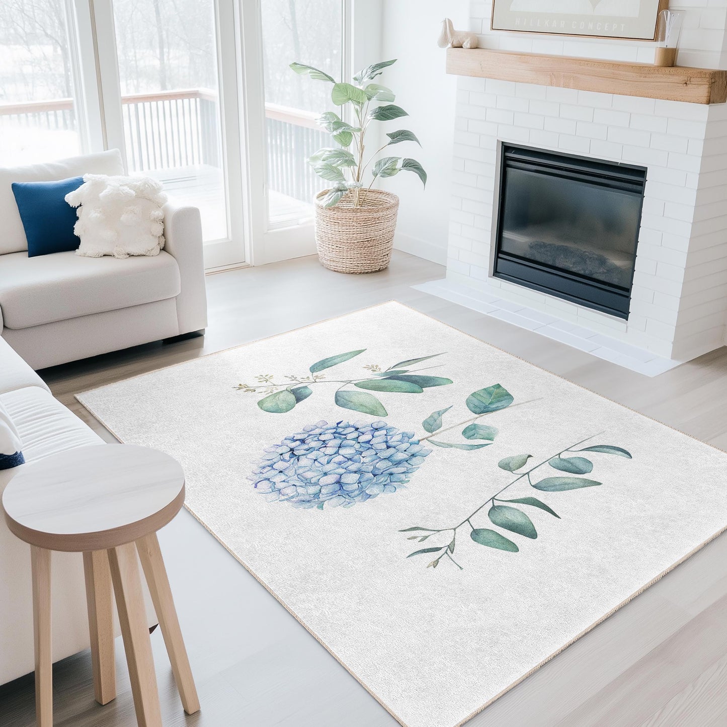 Elegant Blue Floral Rectangular Area Rug, Botanical Design Living Room Carpet, Soft Indoor Mat for Home Decor