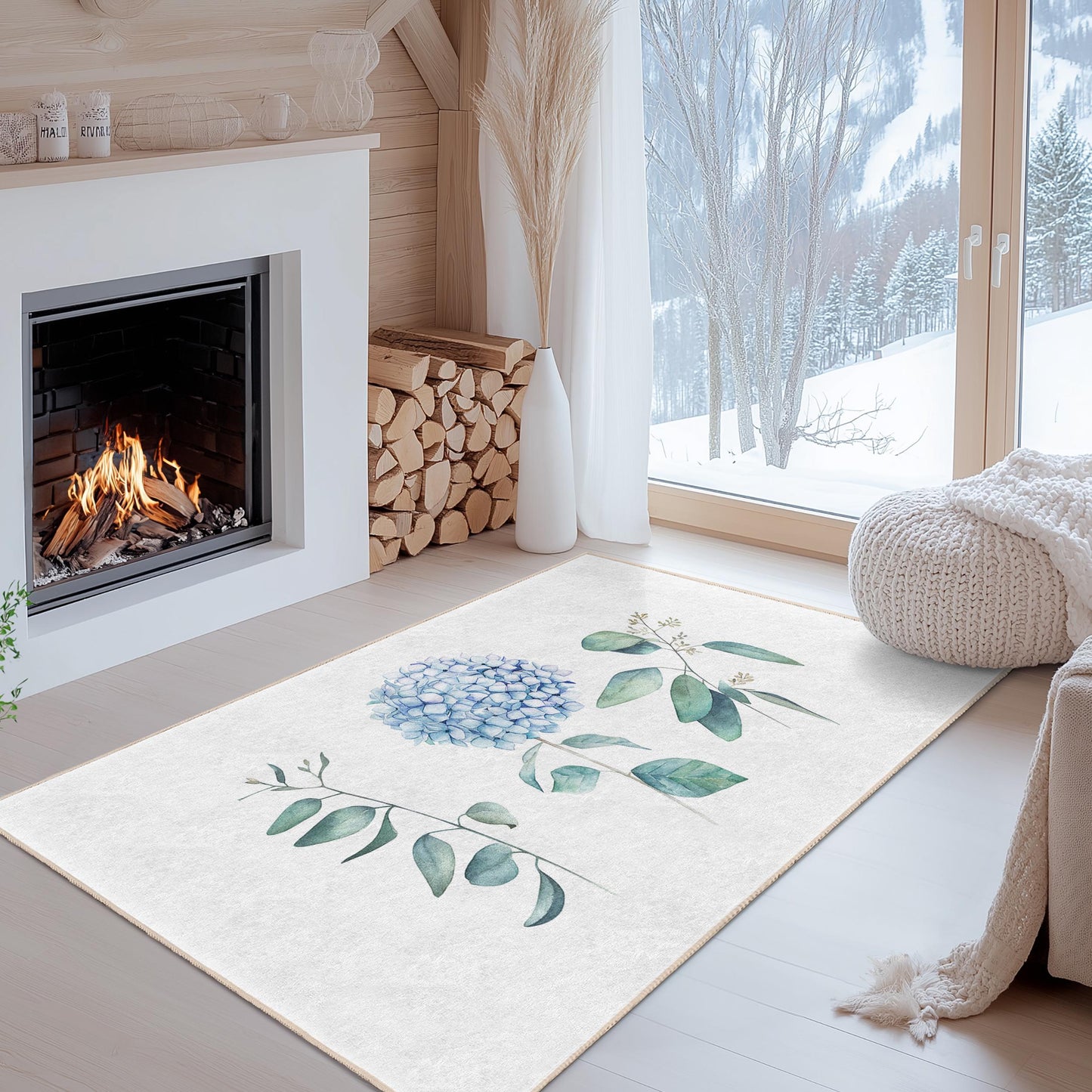 Elegant Blue Floral Rectangular Area Rug, Botanical Design Living Room Carpet, Soft Indoor Mat for Home Decor