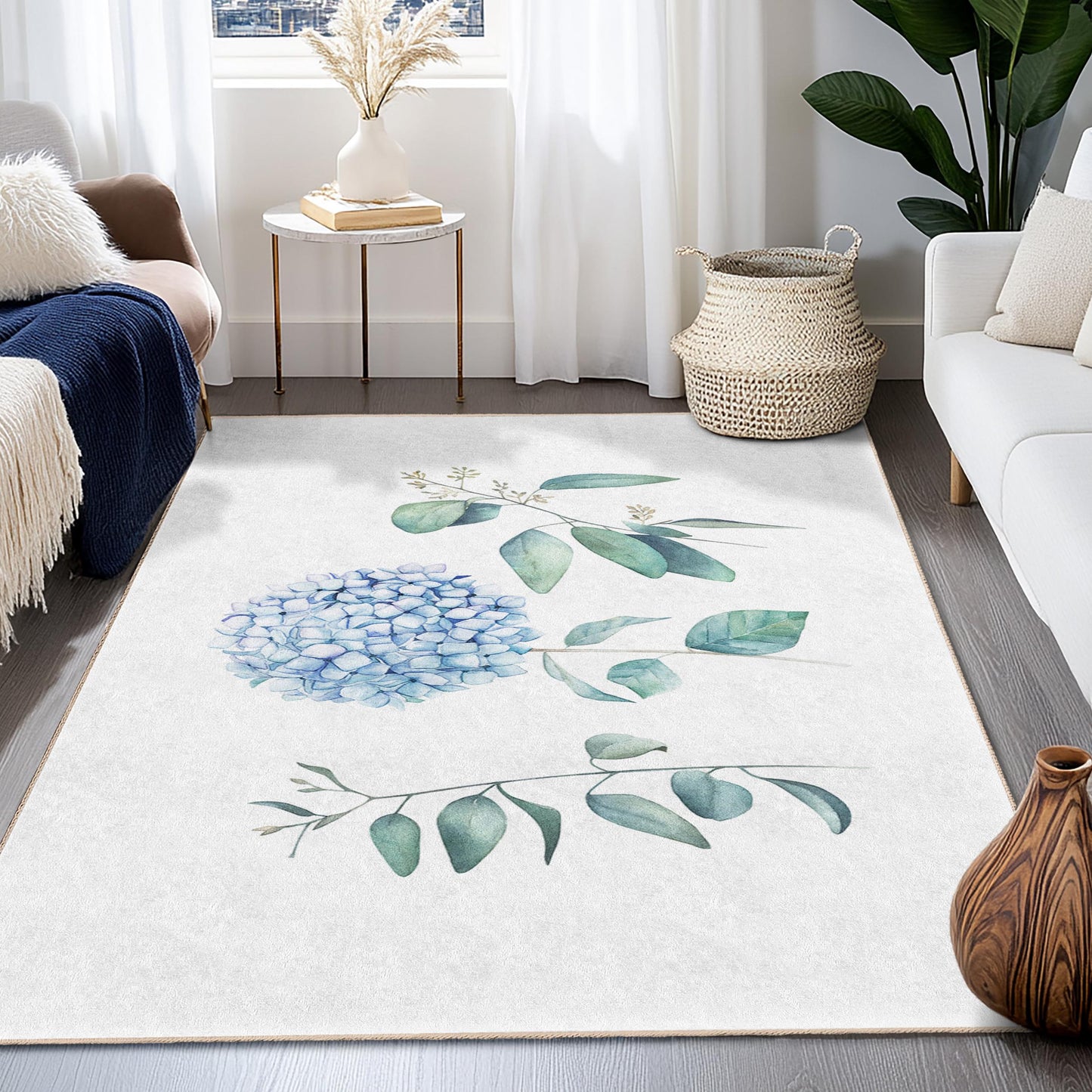 Elegant Blue Floral Rectangular Area Rug, Botanical Design Living Room Carpet, Soft Indoor Mat for Home Decor
