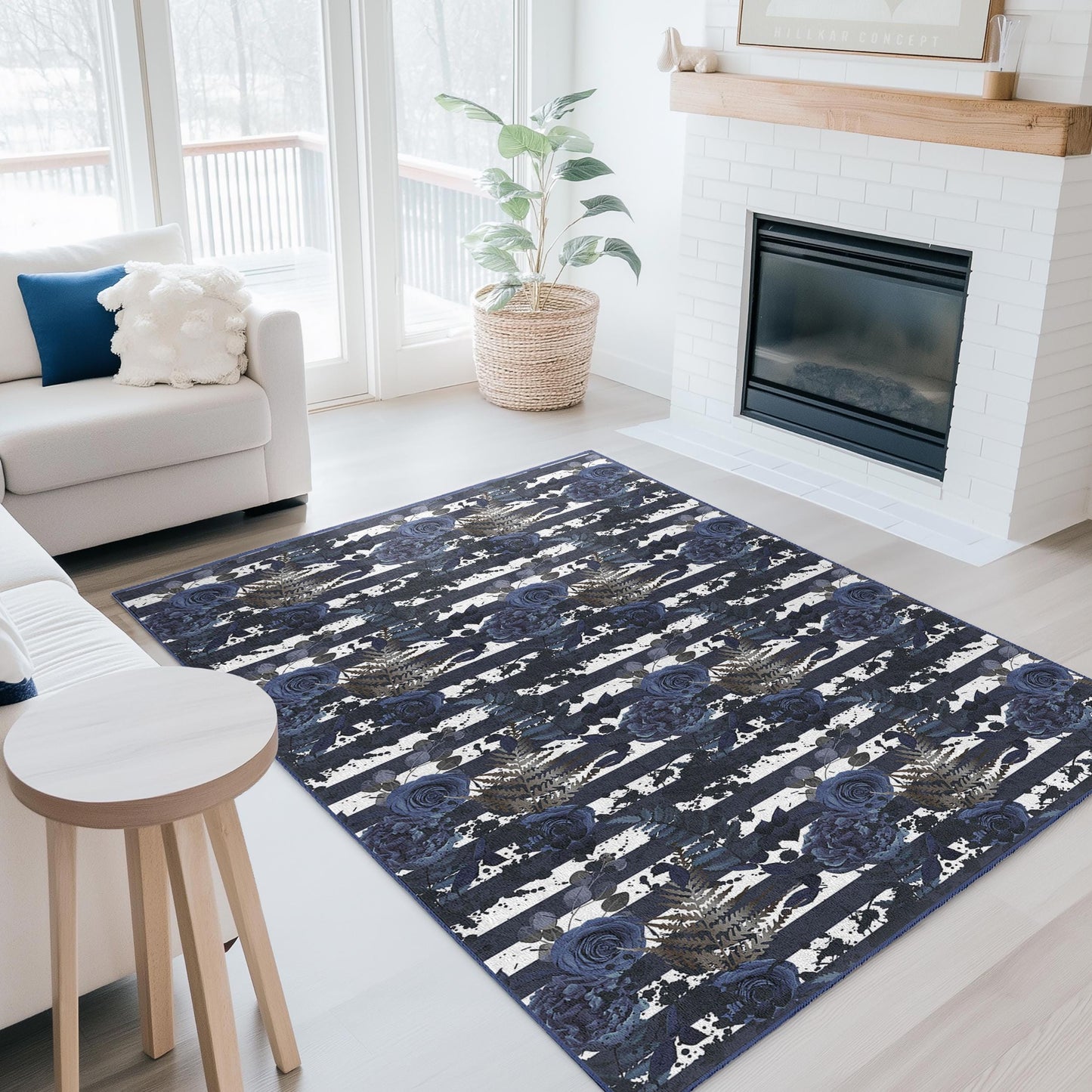 Navy Blue Floral Striped Area Rug, Rectangular Floral Carpet for Living Room, Modern Home Decor, Elegant Striped Floor Mat