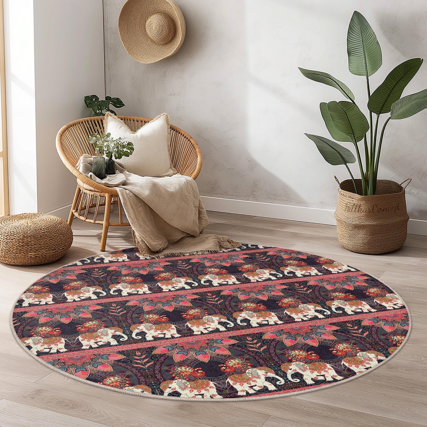 Elegant Round Elephant Pattern Area Rug, Bohemian Style Round Carpet, Living Room Decor, Soft Area Rug, Unique Home Accent