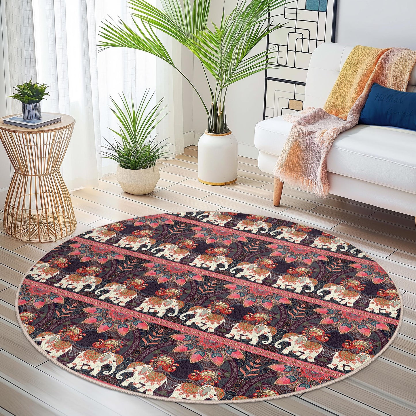 Elegant Round Elephant Pattern Area Rug, Bohemian Style Round Carpet, Living Room Decor, Soft Area Rug, Unique Home Accent