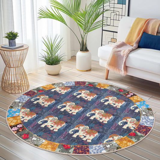 Colorful Elephant Pattern Round Rug, Bohemian Style Round Carpet, Decorative Area Rug, Living Room Carpet, Unique Home Decor