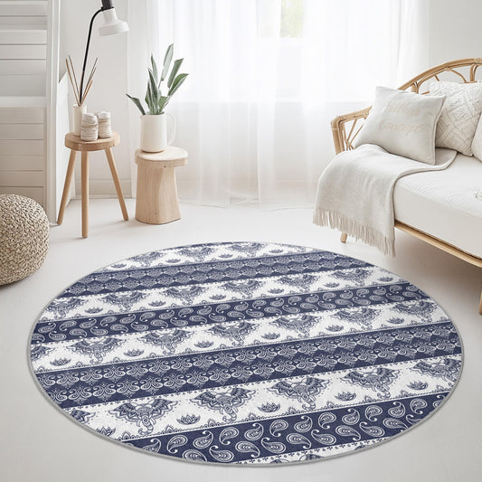Navy Blue Floral Round Area Rug, Decorative Circle Rug, Bohemian Style Rug for Living Room, Vintage Pattern Carpet, Soft Home Decor
