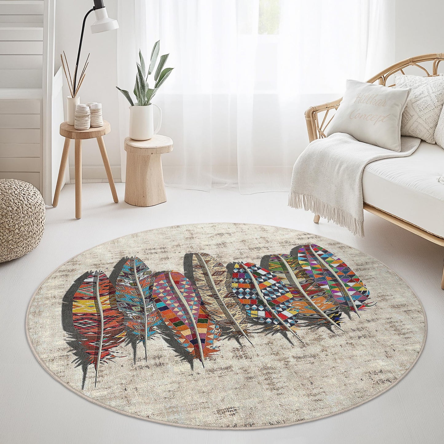 Colorful Feather Round Area Rug, Bohemian Style Round Carpet, Artistic Feather Design Rug, Unique Round Living Room Decor