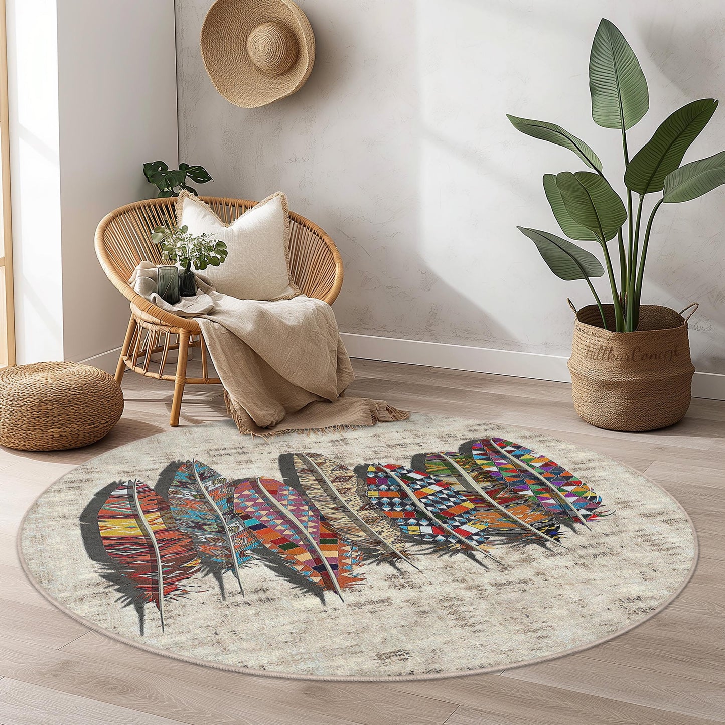 Colorful Feather Round Area Rug, Bohemian Style Round Carpet, Artistic Feather Design Rug, Unique Round Living Room Decor