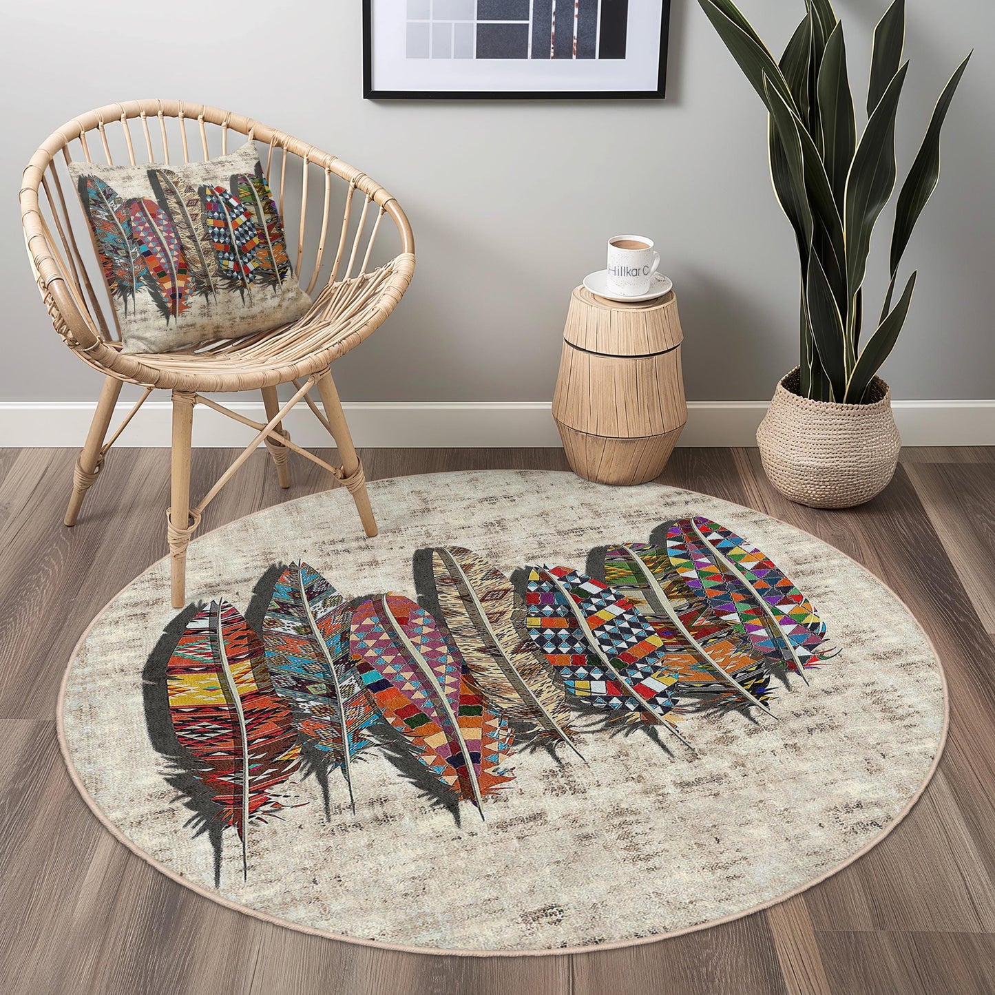 Colorful Feather Round Area Rug, Bohemian Style Round Carpet, Artistic Feather Design Rug, Unique Round Living Room Decor