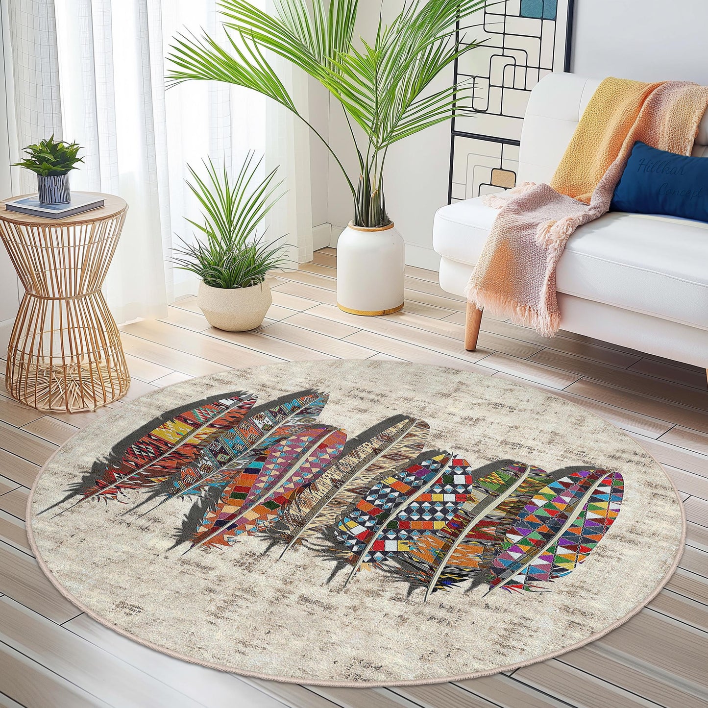 Colorful Feather Round Area Rug, Bohemian Style Round Carpet, Artistic Feather Design Rug, Unique Round Living Room Decor