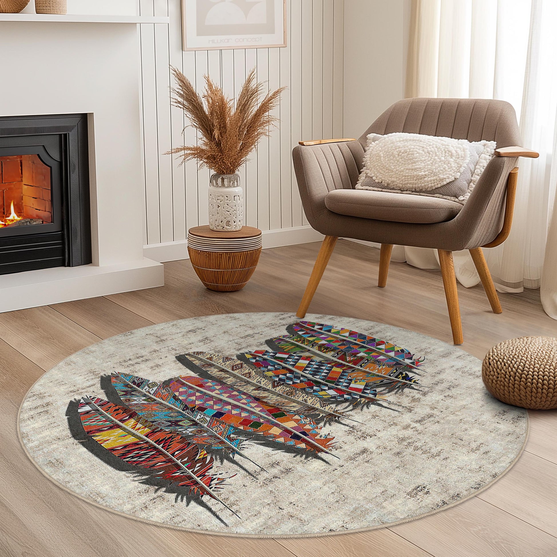 Colorful Feather Round Area Rug, Bohemian Style Round Carpet, Artistic Feather Design Rug, Unique Round Living Room Decor