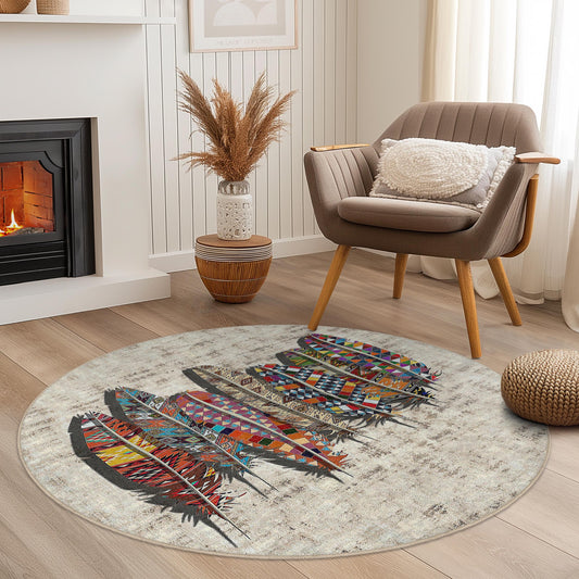 Colorful Feather Round Area Rug, Bohemian Style Round Carpet, Artistic Feather Design Rug, Unique Round Living Room Decor