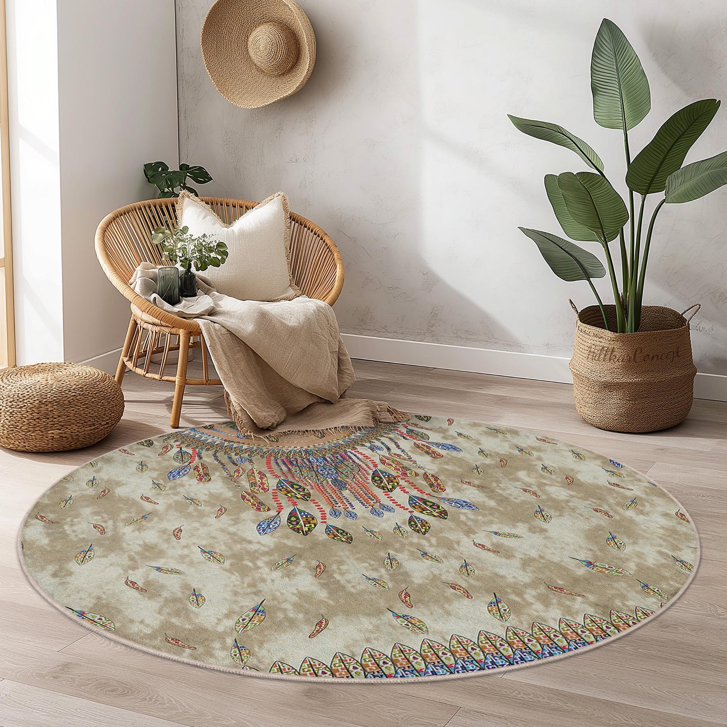 Bohemian Round Area Rug, Feather Design Round Carpet, Stylish Living Room Rug, Unique Boho Decor, Soft Round Mat for Home